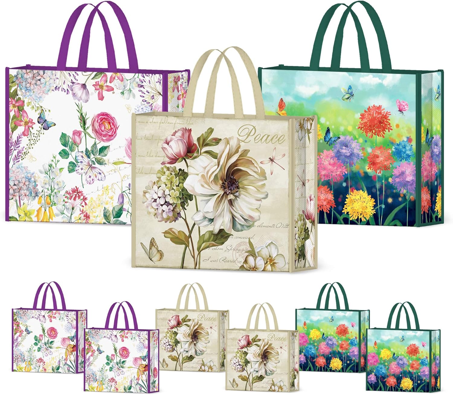 NymphFable 6 Pack Grocery Bags Reusable Peony Colorful Flowers Butterflies Shopping Bags Washable Foldable Large Tote Bag