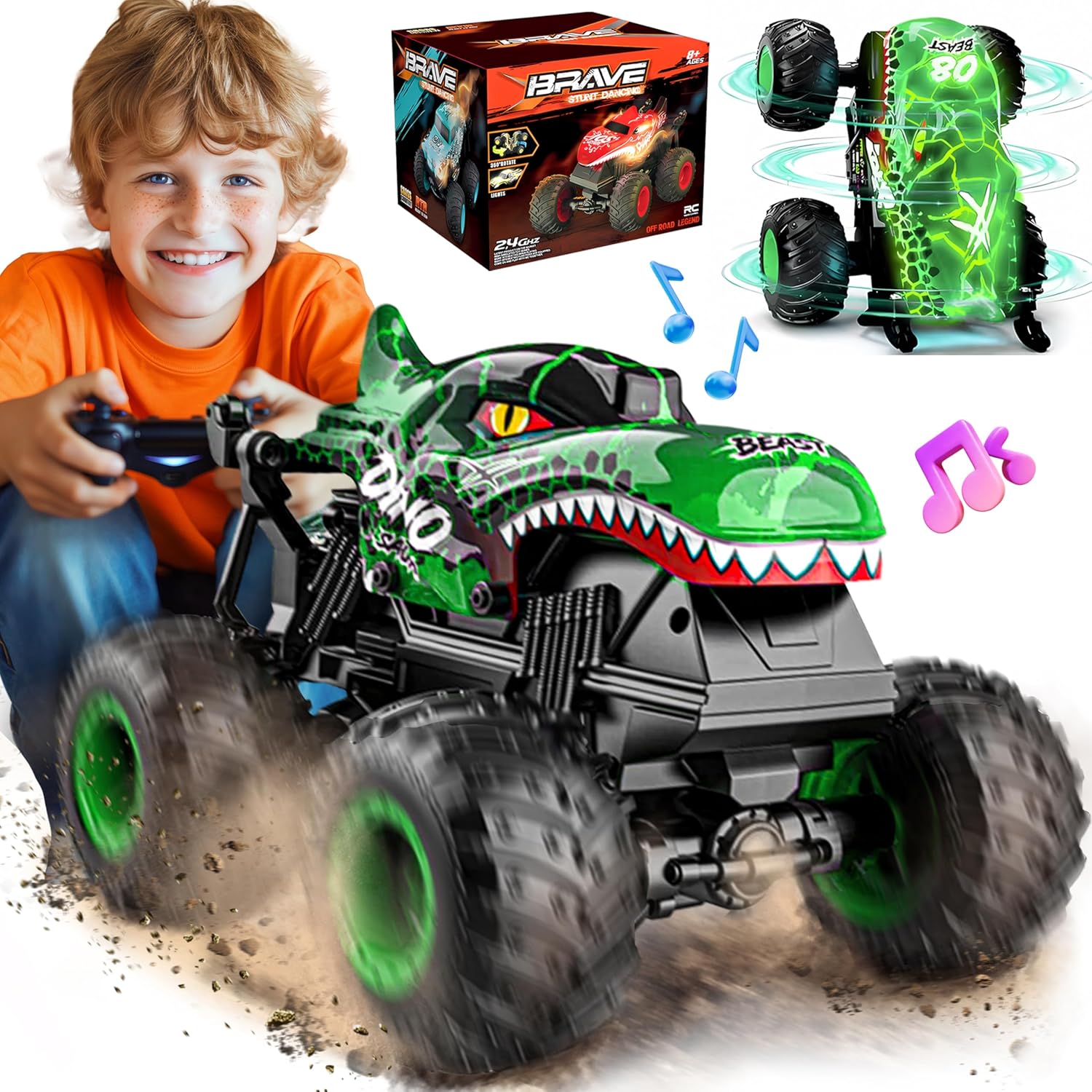 BEZGAR Monster Truck Toys - Remote Control Monster Truck with Light & Music, Dinosaur Toys for Kids, 1:20 Scale RC Truck with 360° Spins and Drifting, Remote Control Car for Boys 4-7
