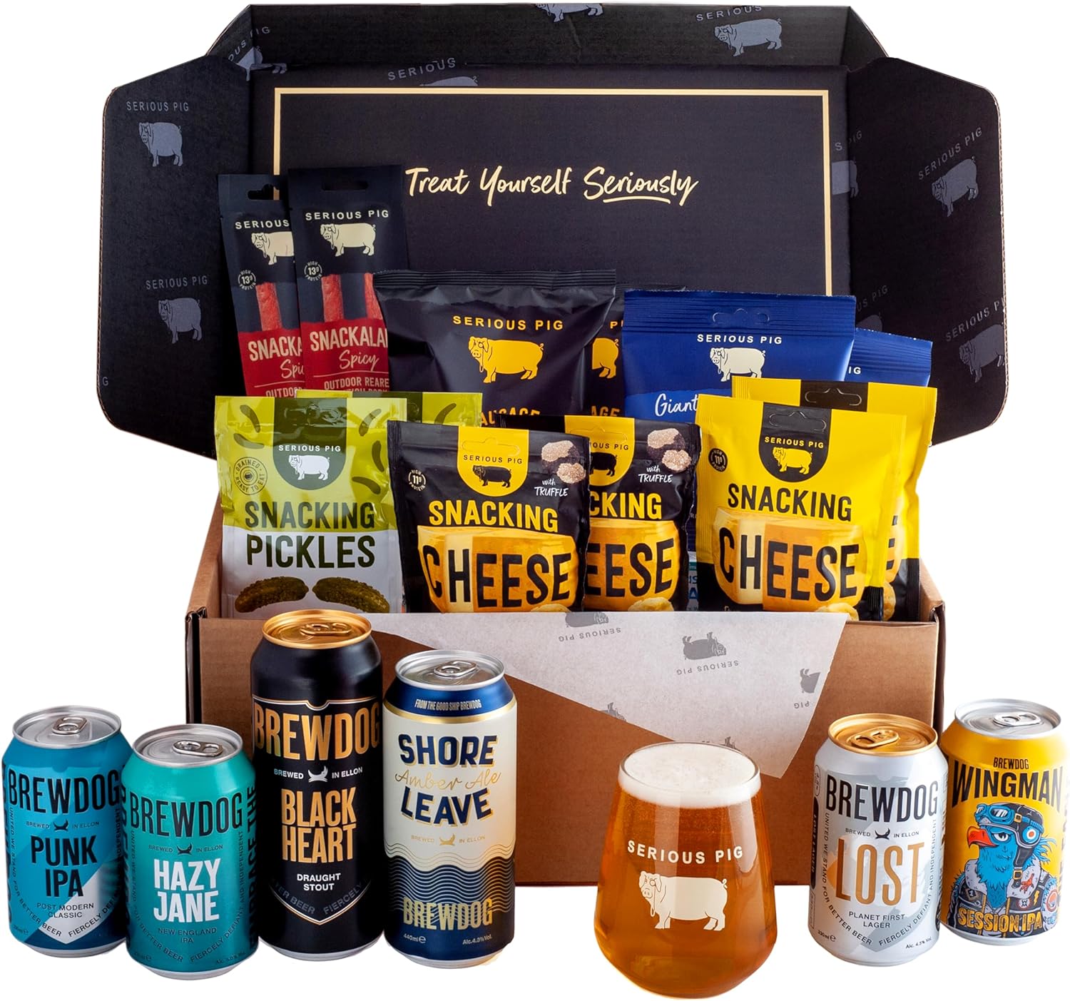 Serious Pig + Brewdog 'Big Night In' | Gift Hamper | Craft Beer And Snacks With Glassware and Tasting Notes | (18 Pack)