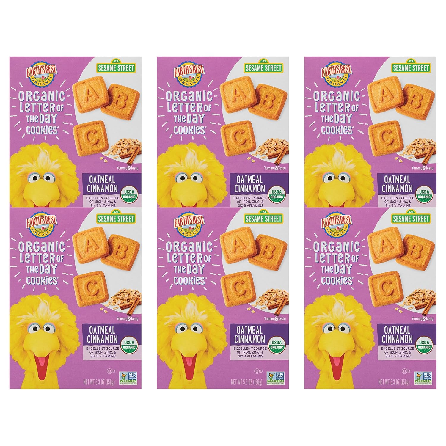 Earth's Best Organic Kids Snacks, Sesame Street Toddler Snacks, Organic Letter of the Day Cookies for Toddlers 2 Years and Older, Oatmeal Cinnamon, 5.3 oz Box (Pack of 6)