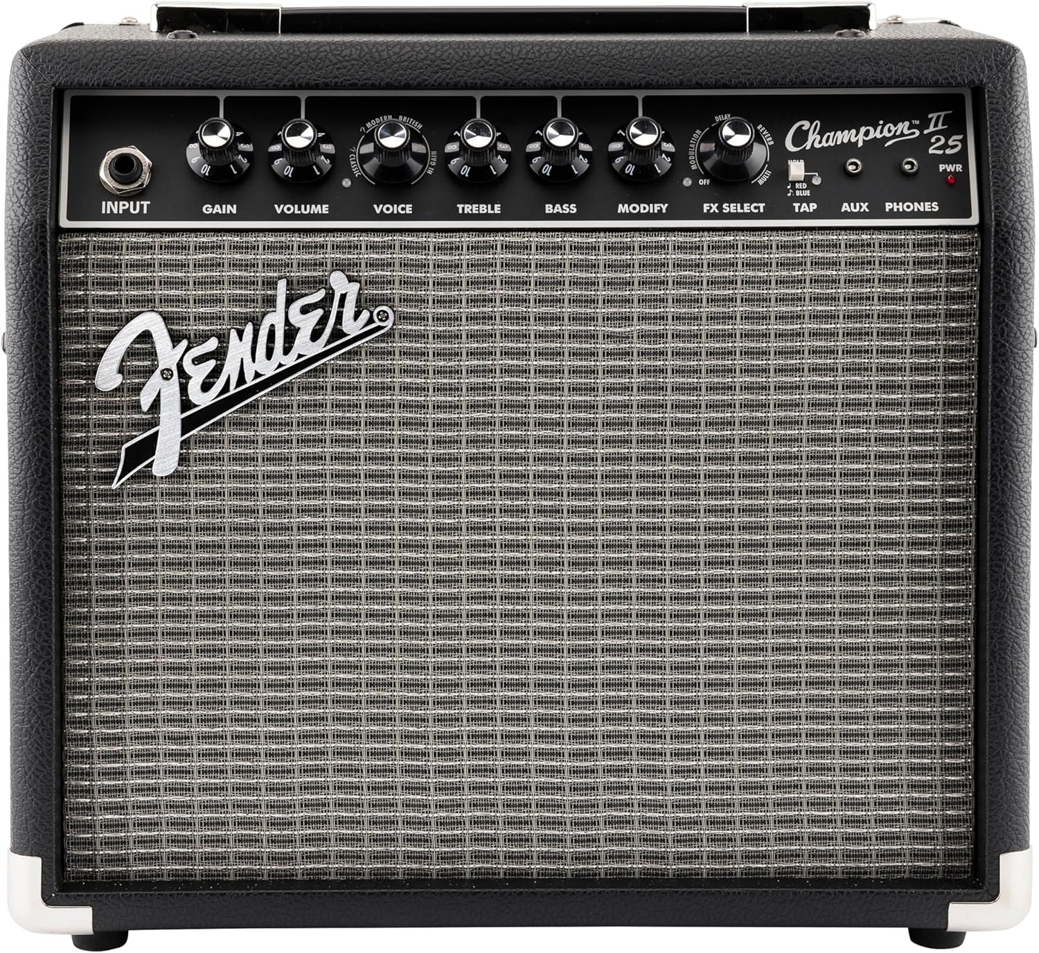 Fender Champion II 25, Combo Guitar Amp, 25W, Suitable For Electric Guitar, More Power, Upgraded Effects and Amp Models, Black/Silver