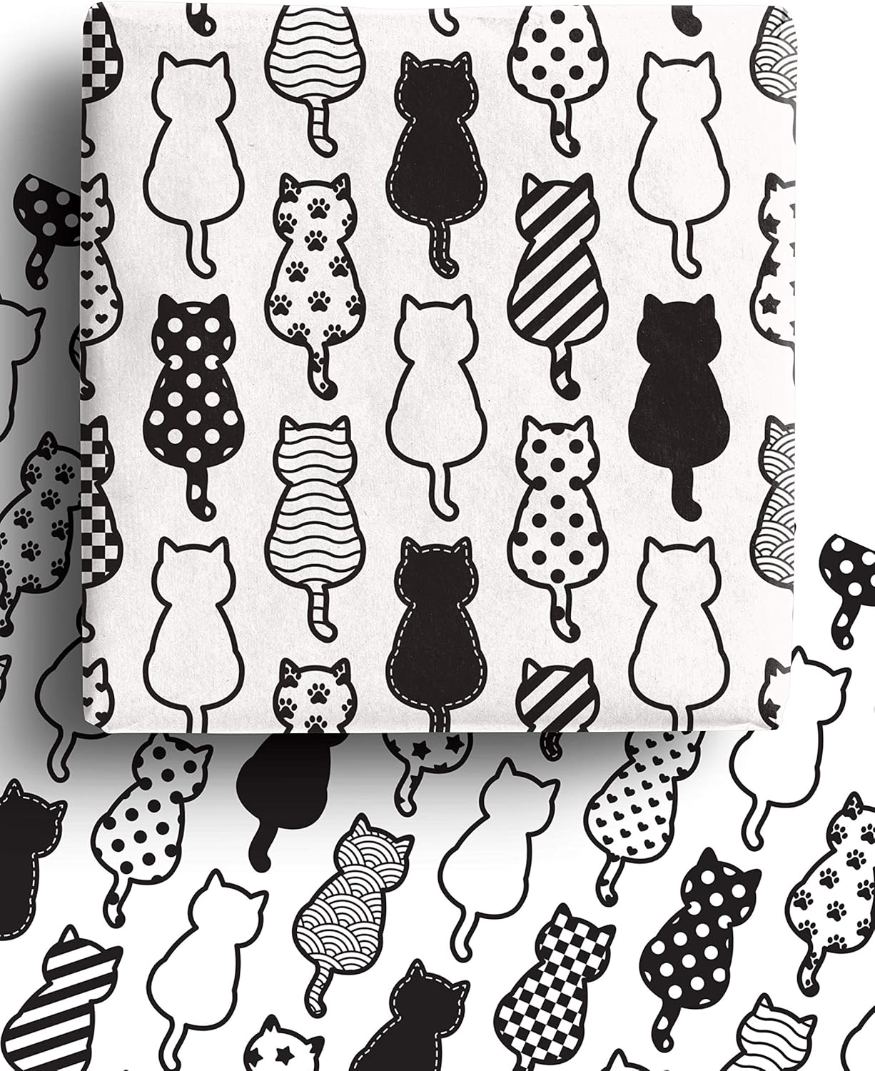4 x Recyclable Cat Wrapping Paper Sheets 70cm x 50cm - Premium Black and White Gift Wrap - Made in the UK - Eco Friendly Pet Safe Animal Gift Wrapping Paper