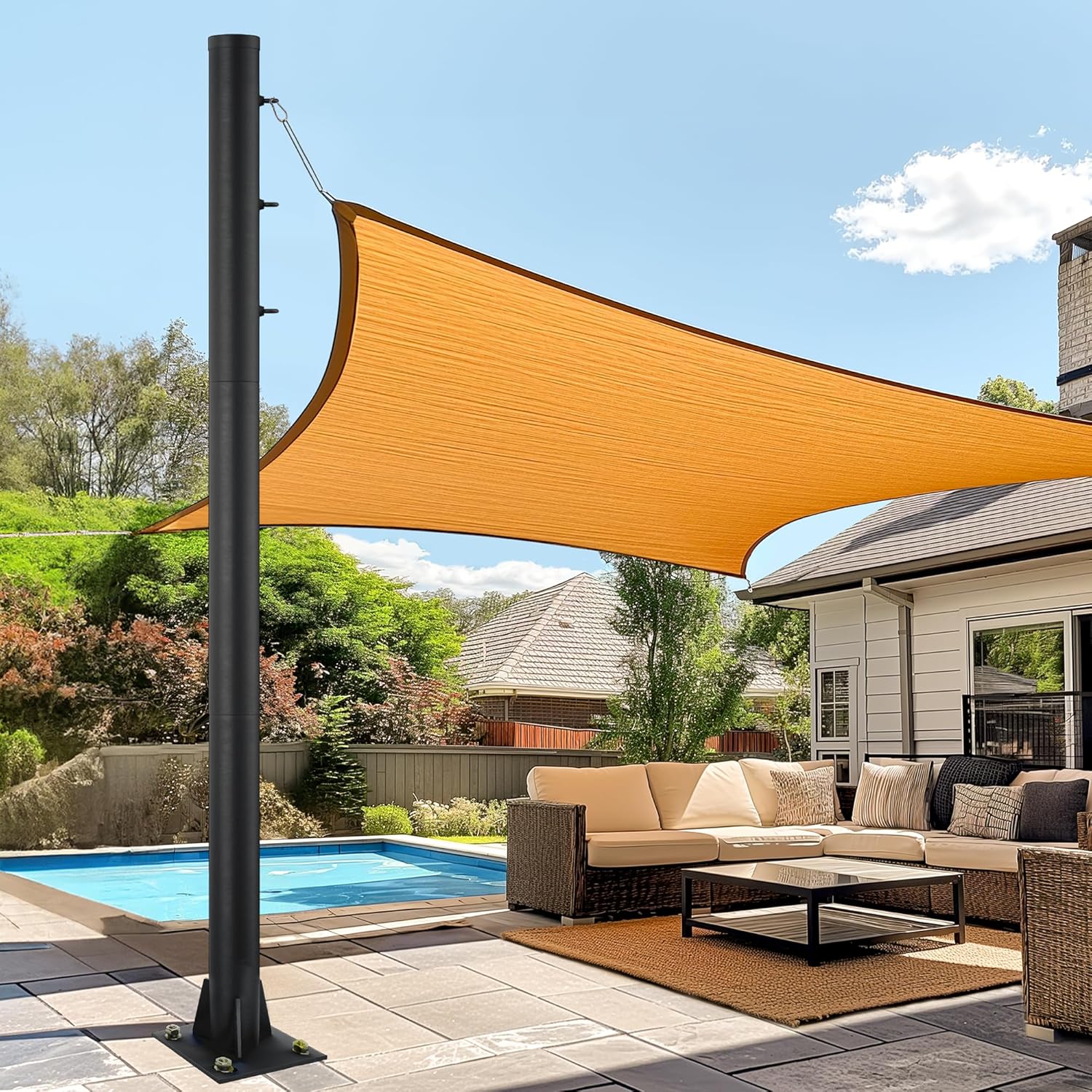 10 Feet Outdoor Sun Shade Poles, 3" Diameter Steel Heavy Duty Shade Sail Poles for Patio & Deck & Playground & Backyard, Black Sail Shade Pole with 3 Rings