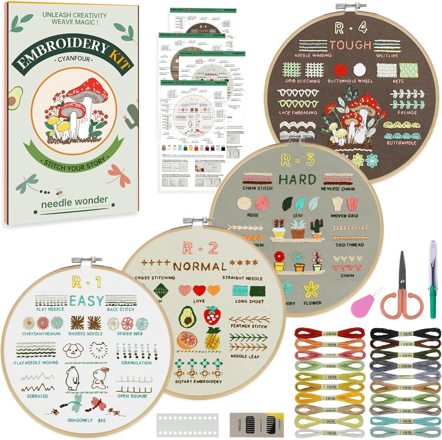 CYANFOUR 4 Stage Beginners Embroidery Kit for Adults, Easy to Learn 38 Different Stitches from Instruction & Video, Craft Kits for Adults with Stamped Embroidery Patterns