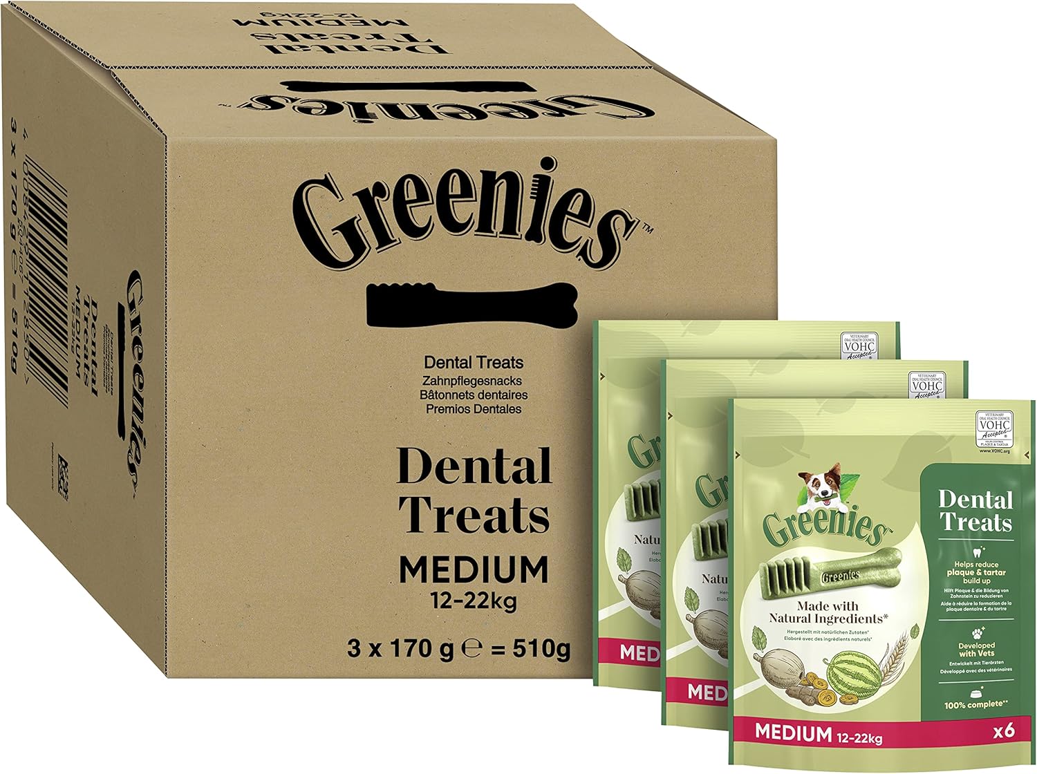 GREENIES Daily Original Dog Treats Medium – The Smart Dental Treat for Dogs (12 - 22 kg) – 18 chews – Pack of 3 (3 x 170 g)