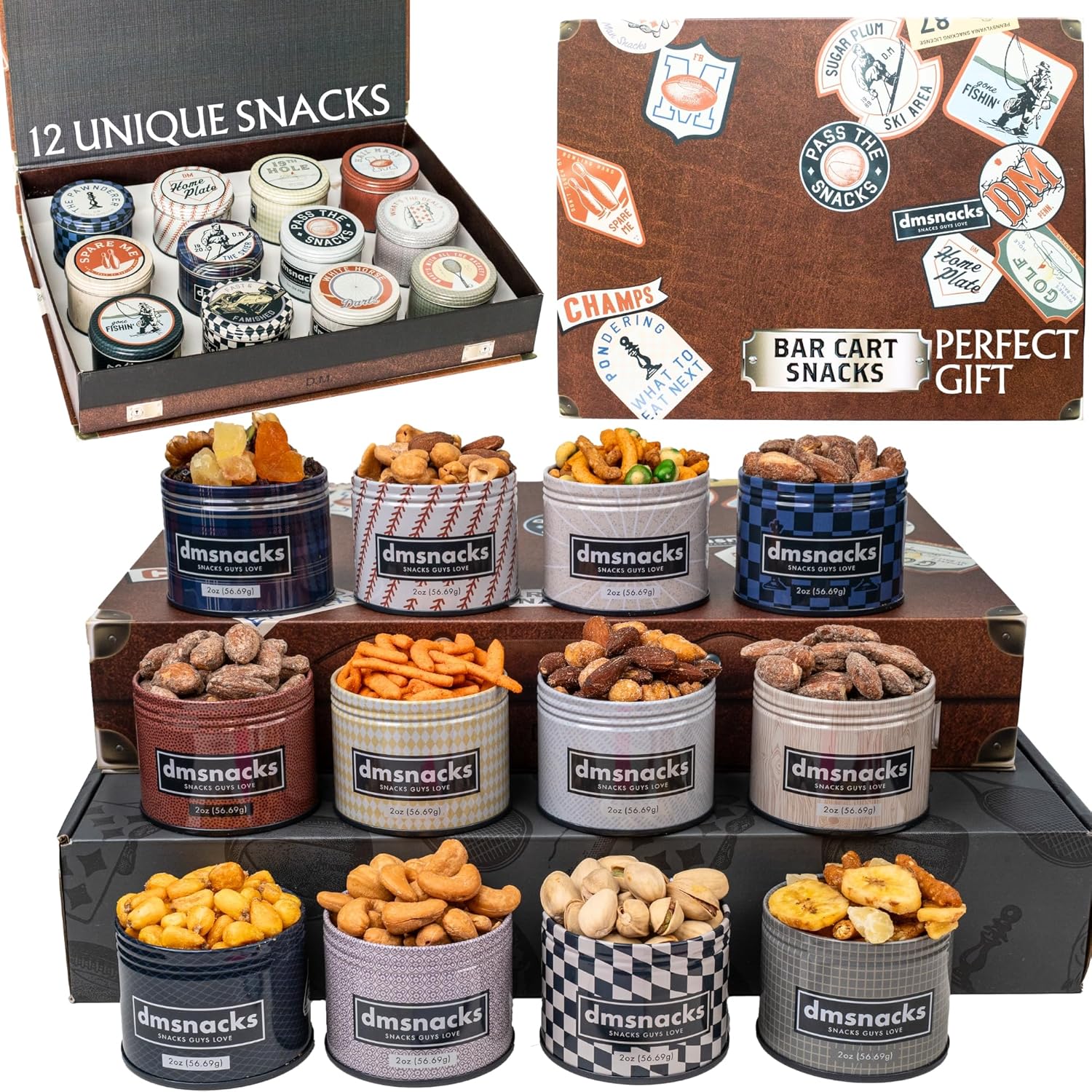 Snack Box Gift Basket, Birthday Gift for Men, Food Care Package, Unique Tins of Assorted Nuts, Snacks in Stunning Case - Treat for Men, Women, Dad, Friends, Family