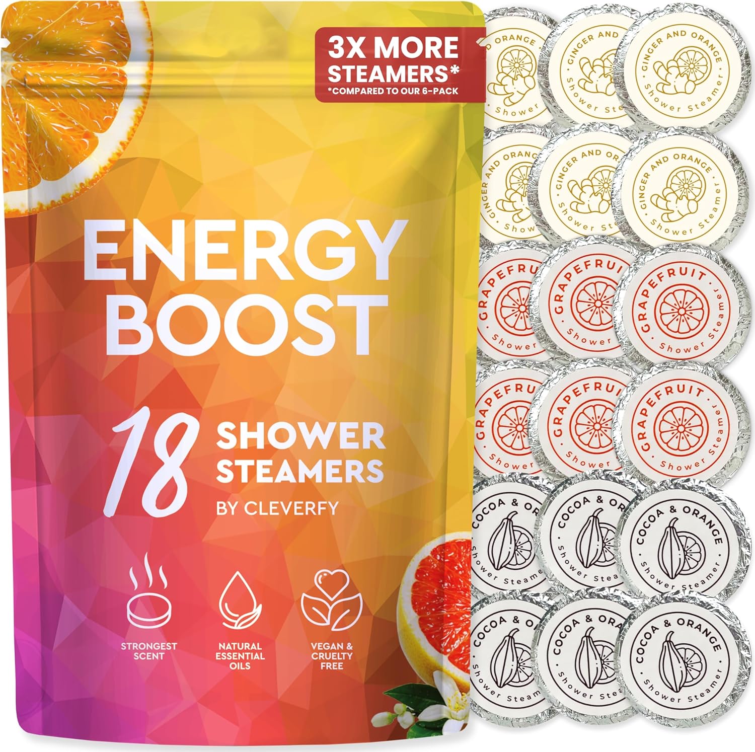 Cleverfy Citrus Shower Steamers Aromatherapy for Women and Men – Self-Care Shower Bombs for Energy Boost and Relaxation – 18 Tablets