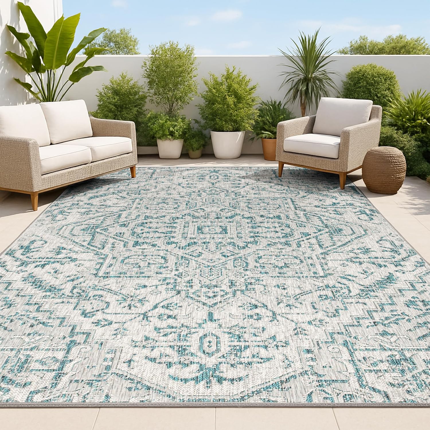 JONATHAN Y Boho Medallion Indoor Outdoor Area Rug 5X8 Teal/Gray, Estrella Textured Weave for Backyard, Patio, Porch, Easy-Cleaning, High Traffic, Pet-Friendly, Non-Shedding (SMB105C-5)