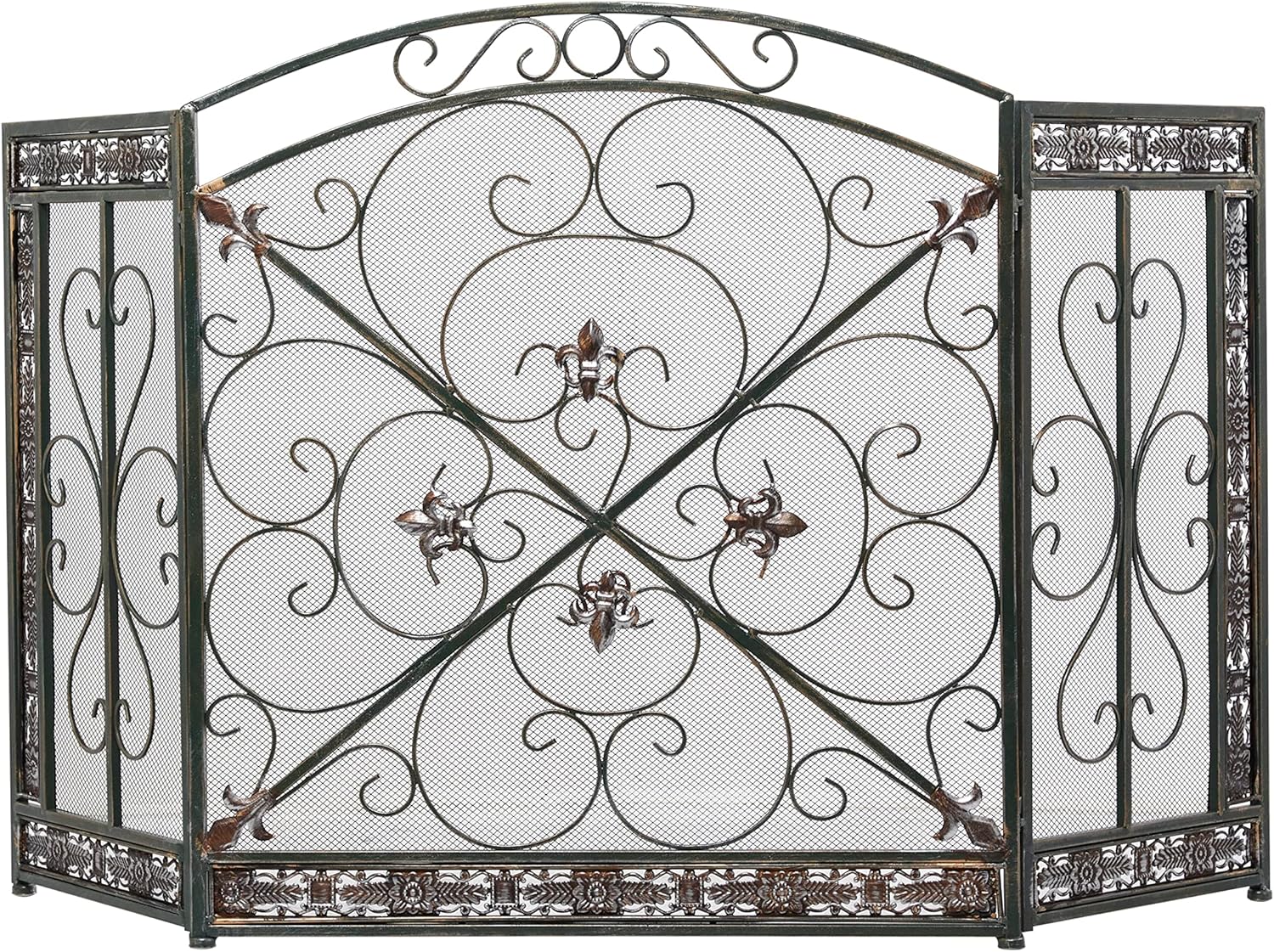Deco 79 Metal Scroll Fireplace Screen Foldable Arched 3 Panel with Fleur De Lis Accents, 52" x 1" x 31", Black