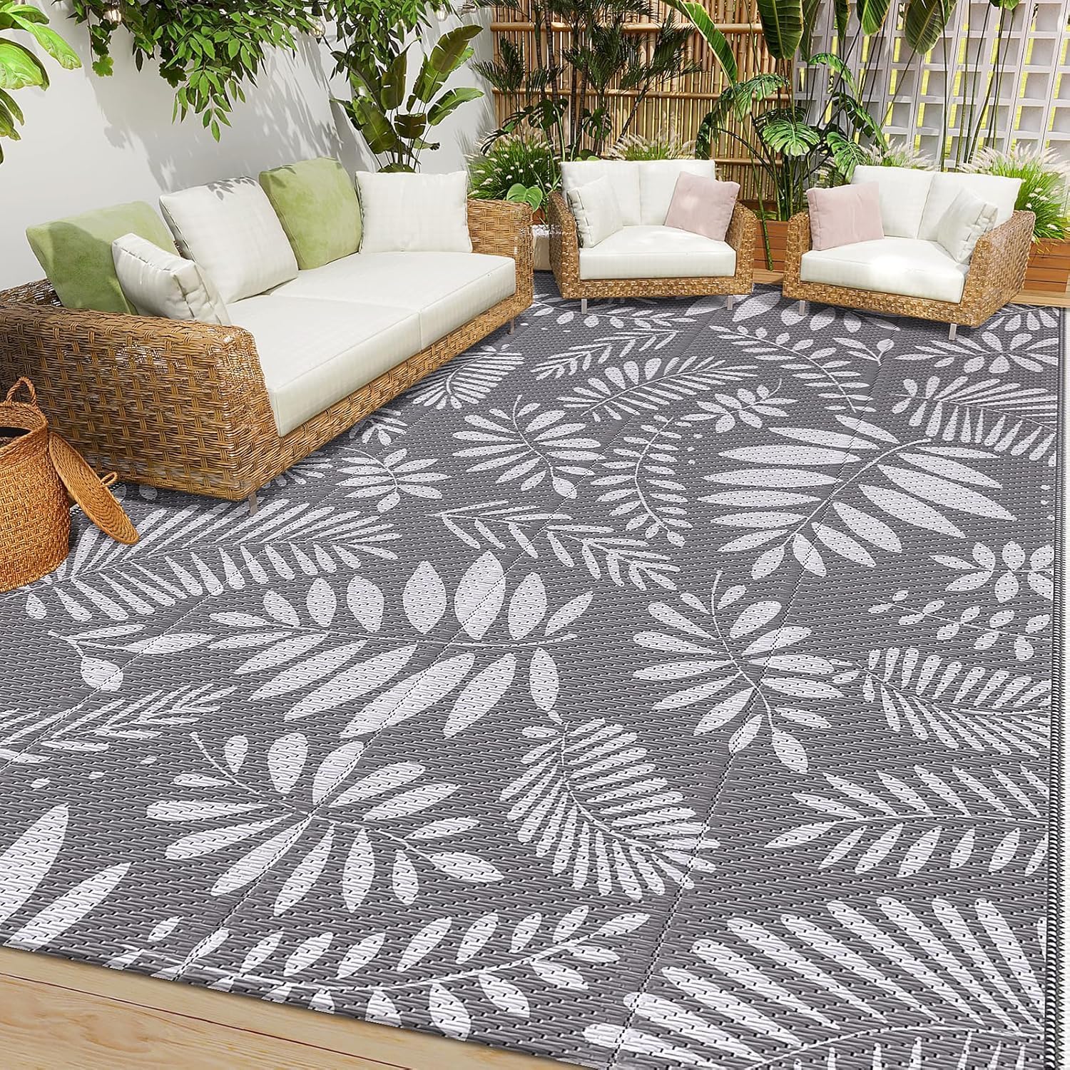 StepRite Outdoor Rug, Patio Rug, Plastic Straw Camping Rugs, Large Waterproof Area Rug and Mat for Outdoors, (8'x 10', White & Grey)