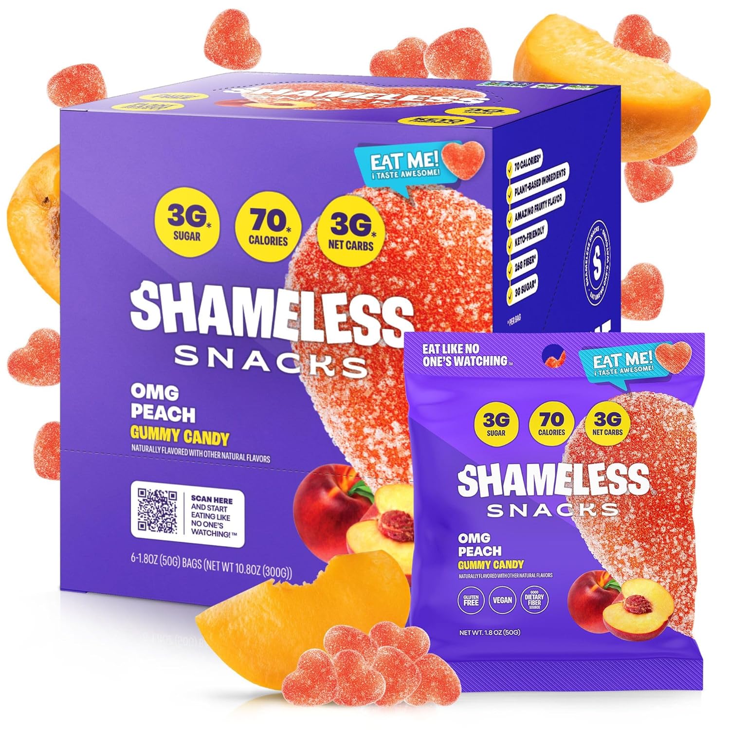 Shameless Snacks - Healthy Low Calorie Snacks, Low Carb Keto Gummies (Gluten Free) - 6 Pack OMG Peach