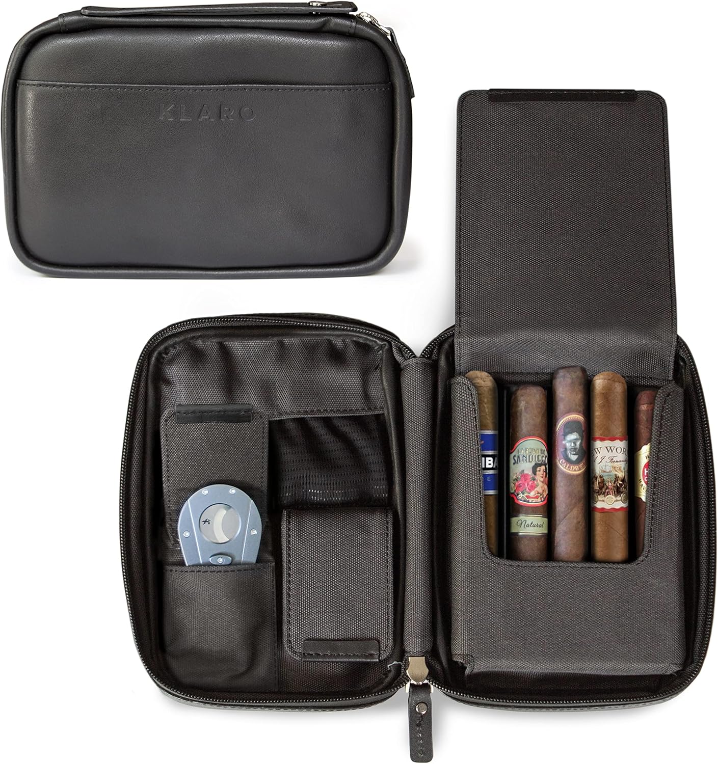 CASE ELEGANCE Travel Leather Cigar Case, 5 Cigar Storage, 2 Accessory Pockets, Humidification Pocket, Internal Hard-Shell Protection