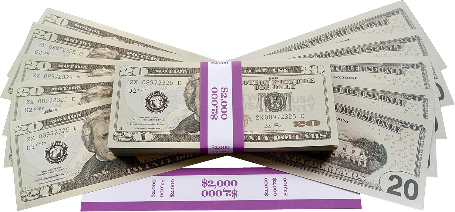 Big Screen Stacks - PROP MONEY DOLLARS - $2,000 FULL PRINT 20 DOLLAR BILLS, in Authentic Bank Strap. For Movies, Films, Money Guns Cash Cannon Play Fake Money, Party's, Casino Games