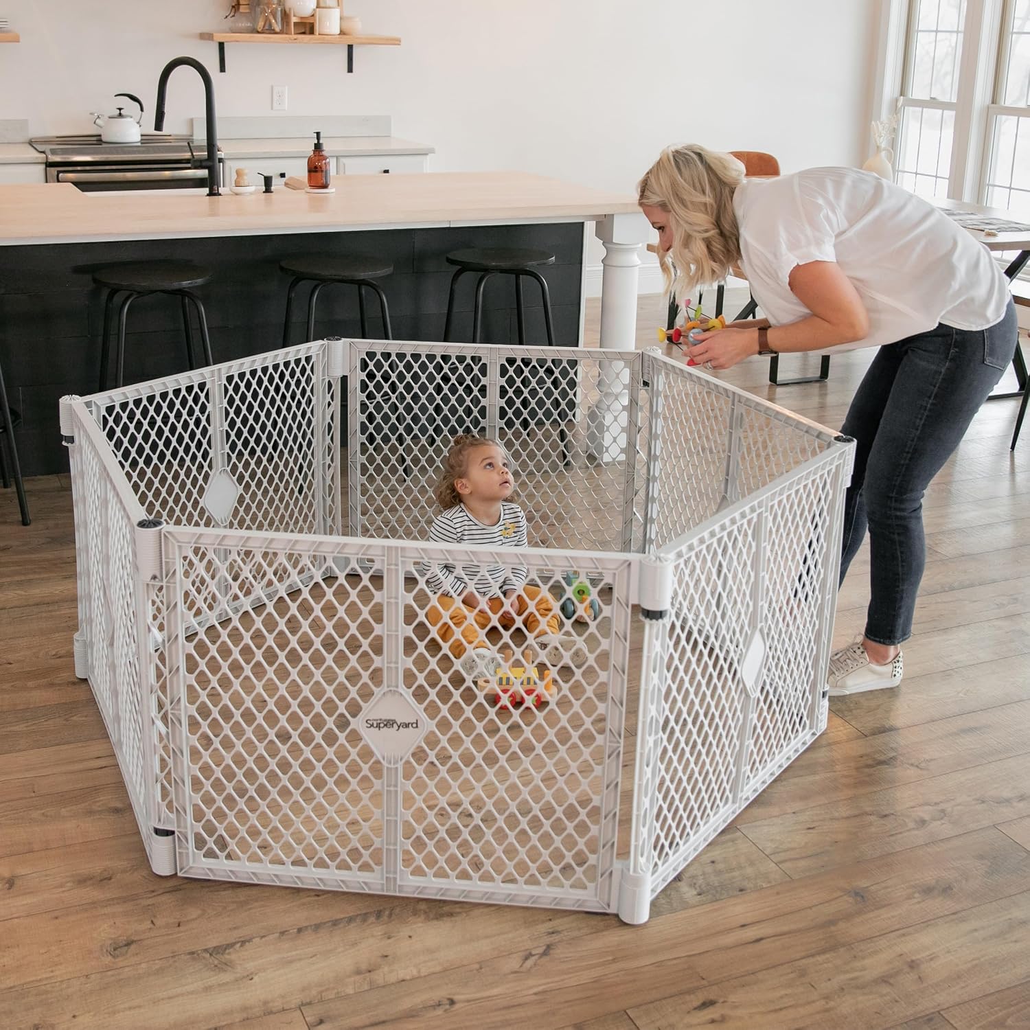 Toddleroo Superyard: 6-Panel, 18.5 SqFt Baby Playard; Lt Gray