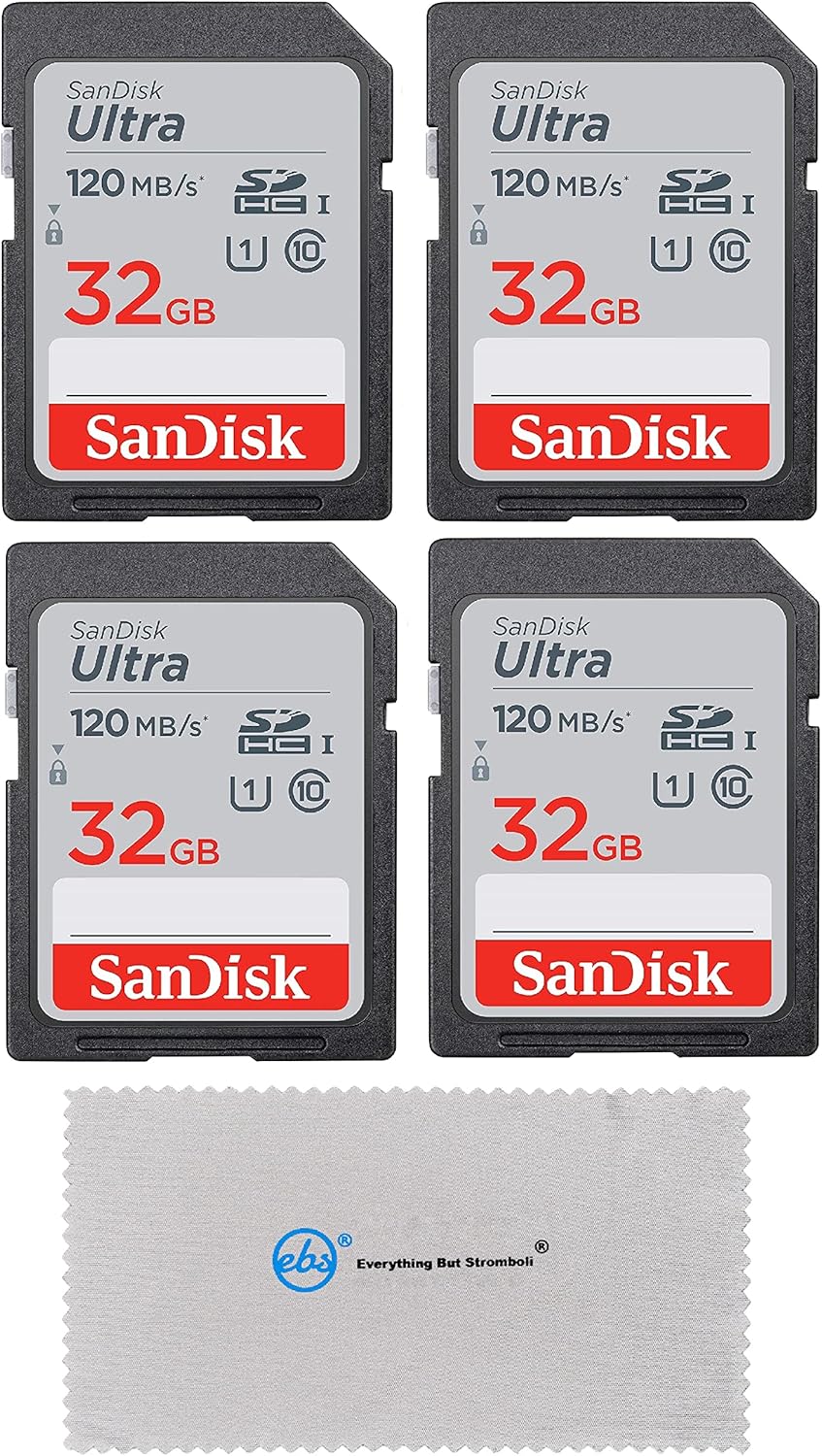 SanDisk 32GB Ultra SD Memory Card (4 Pack) SDHC UHS-I Card 120 MB/s Class 10 (SDSDUN4-032G-GN6IN) Bundle with (1) Everything But Stromboli Micro Fiber Cloth