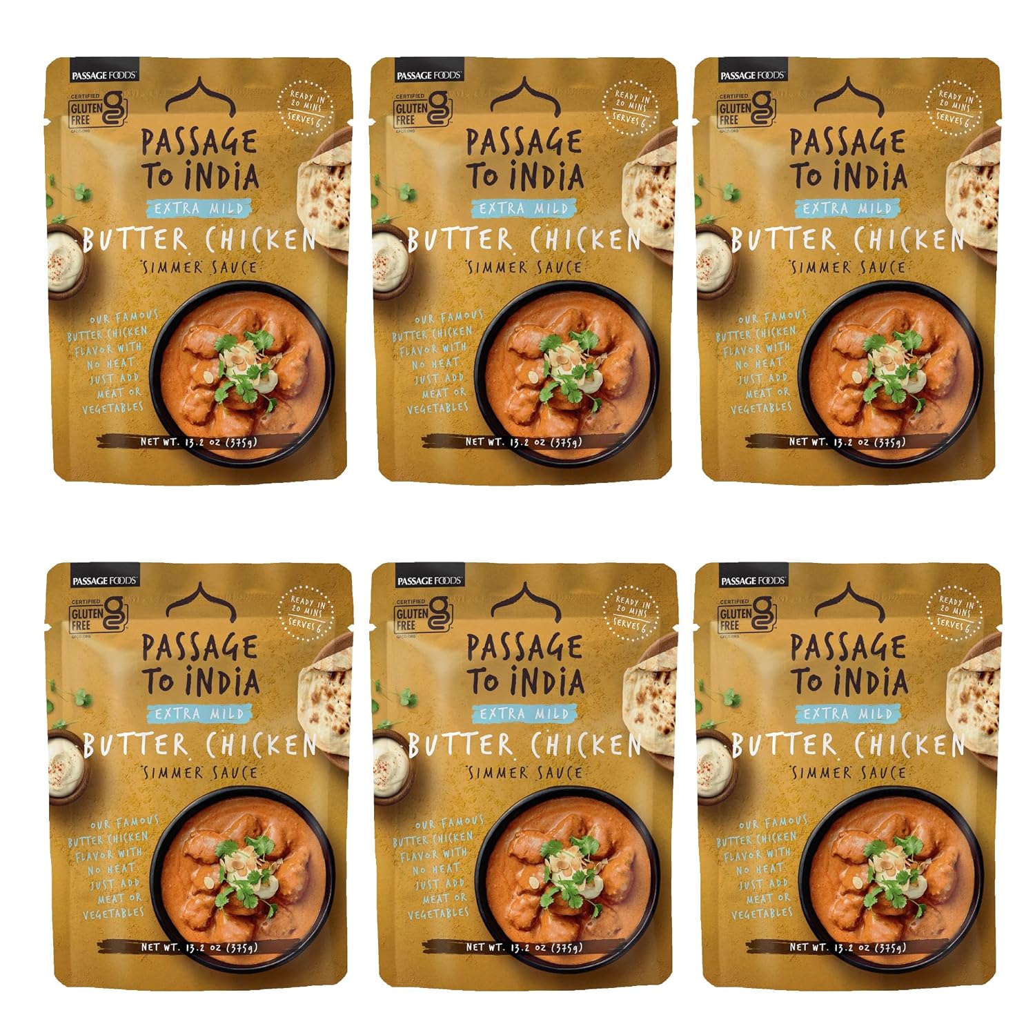 PASSAGE TO INDIA Butter Chicken Sauce – Extra Mild Authentic Butter Chicken Flavor – Indian Food Simmer Sauce – 13.2oz (6Pack)