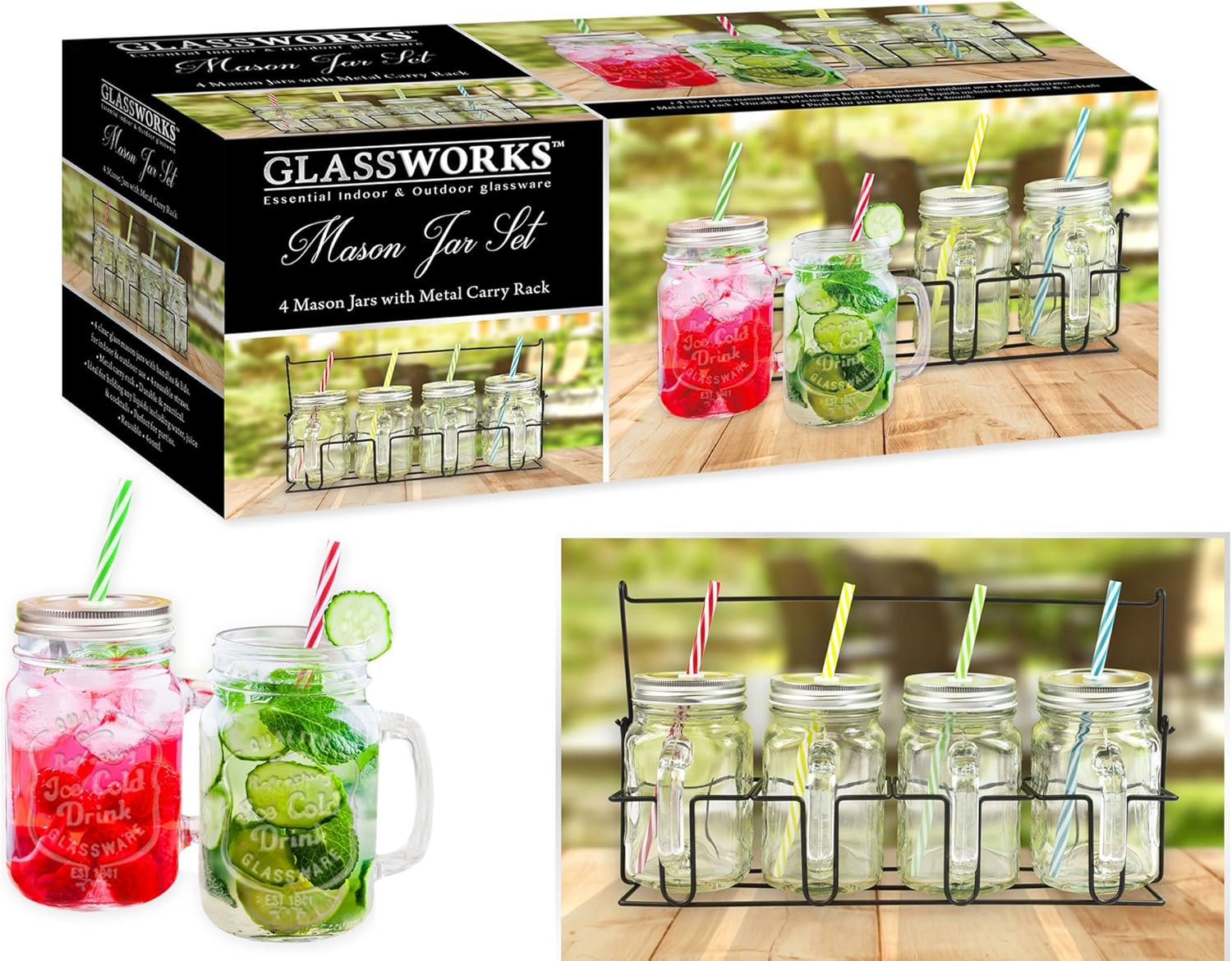 Mason Jar Drinking Mugs Carry Rack Cocktail Jars Summer 400ml Includes Re-usable Straws