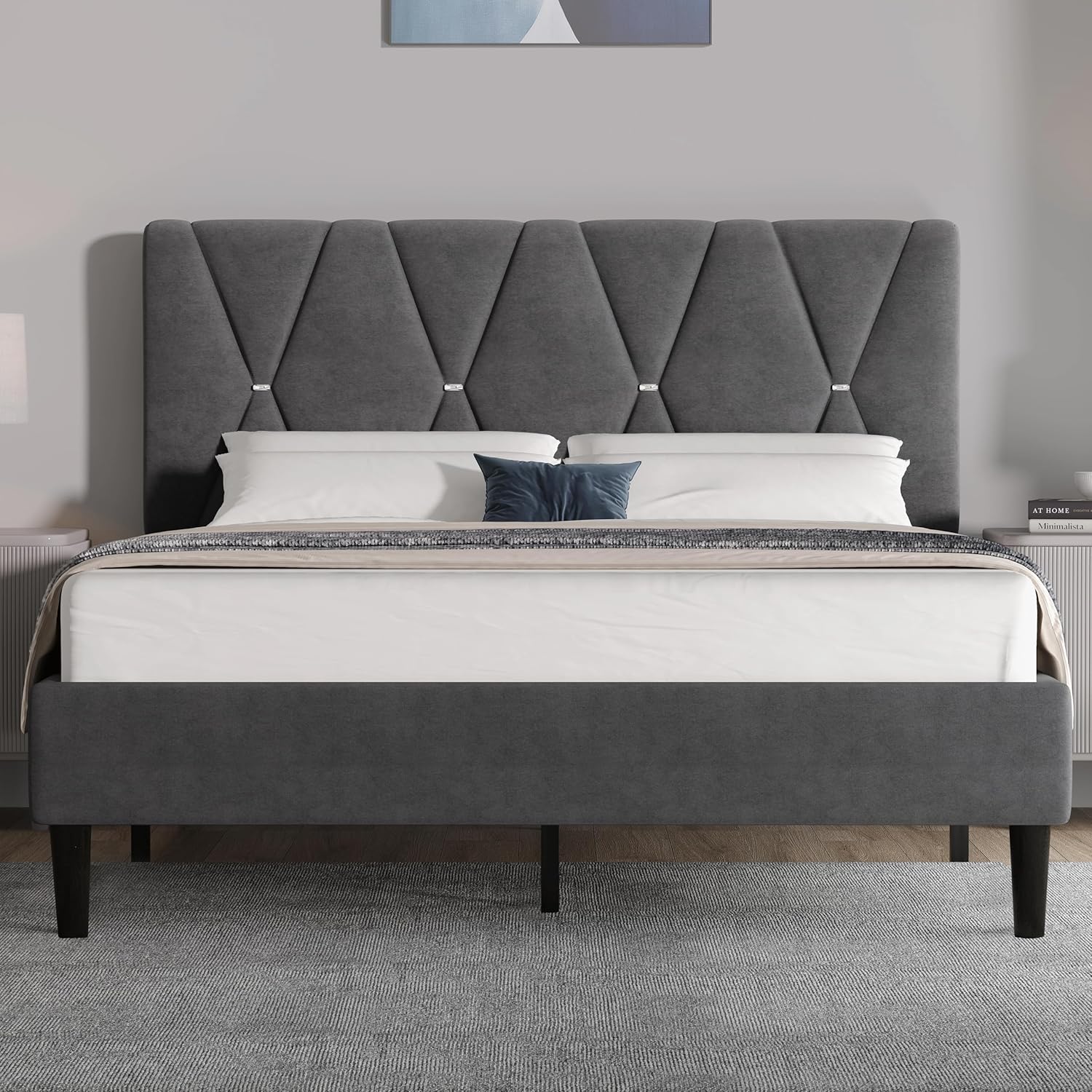 Blisswood 4ft6 Double Bed Frame Noise-Free Upholstered Platform Bed With Adjustable Headboard/Velvet Fabric Double Bed/Sturdy Wooden Slats Support & Under Bed Storage (Dark Grey)