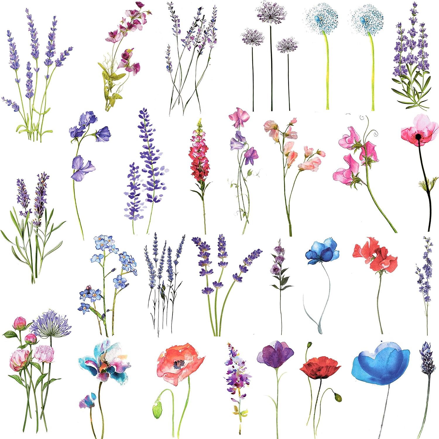 COKTAK 12 Sheets Watercolor Purple Violet Lavender Temporary Tattoos For Women Tiny Wild Plant Sweet Pea Morning Glory Flowers Fake Tattoos Temporary For Girl Kids Hand Face Ankle Neck Tatoos Stickers