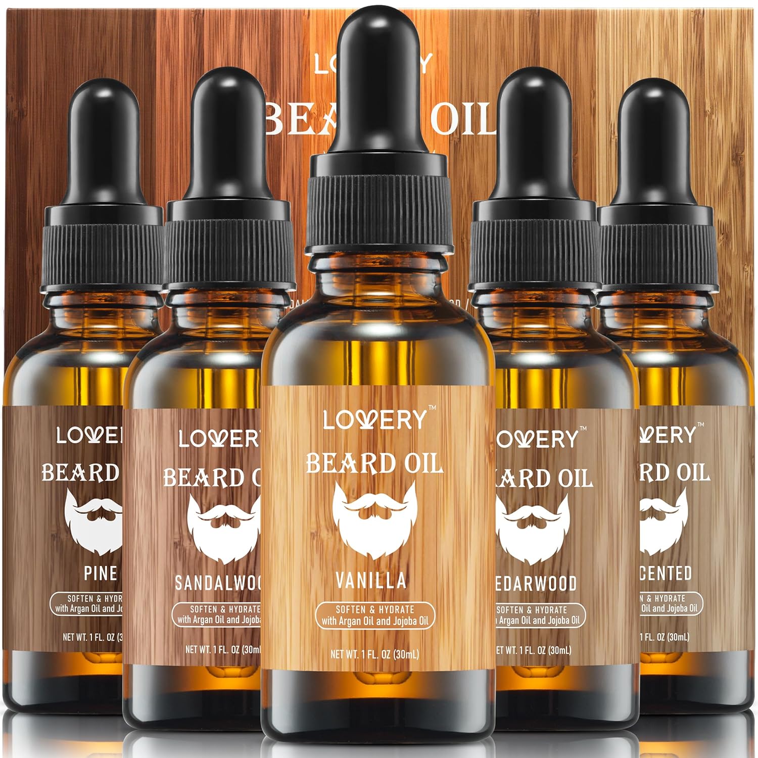 LOVERY (5 Pack) Beard Oil for Men, Natural Mens Beard Oil Kit Variety Set Sandalwood, Vanilla, Cedarwood, Pine, Unscented, with Argan & Jojoba Oil, Mens Beard Softener Grooming, Gifts for Him Dad