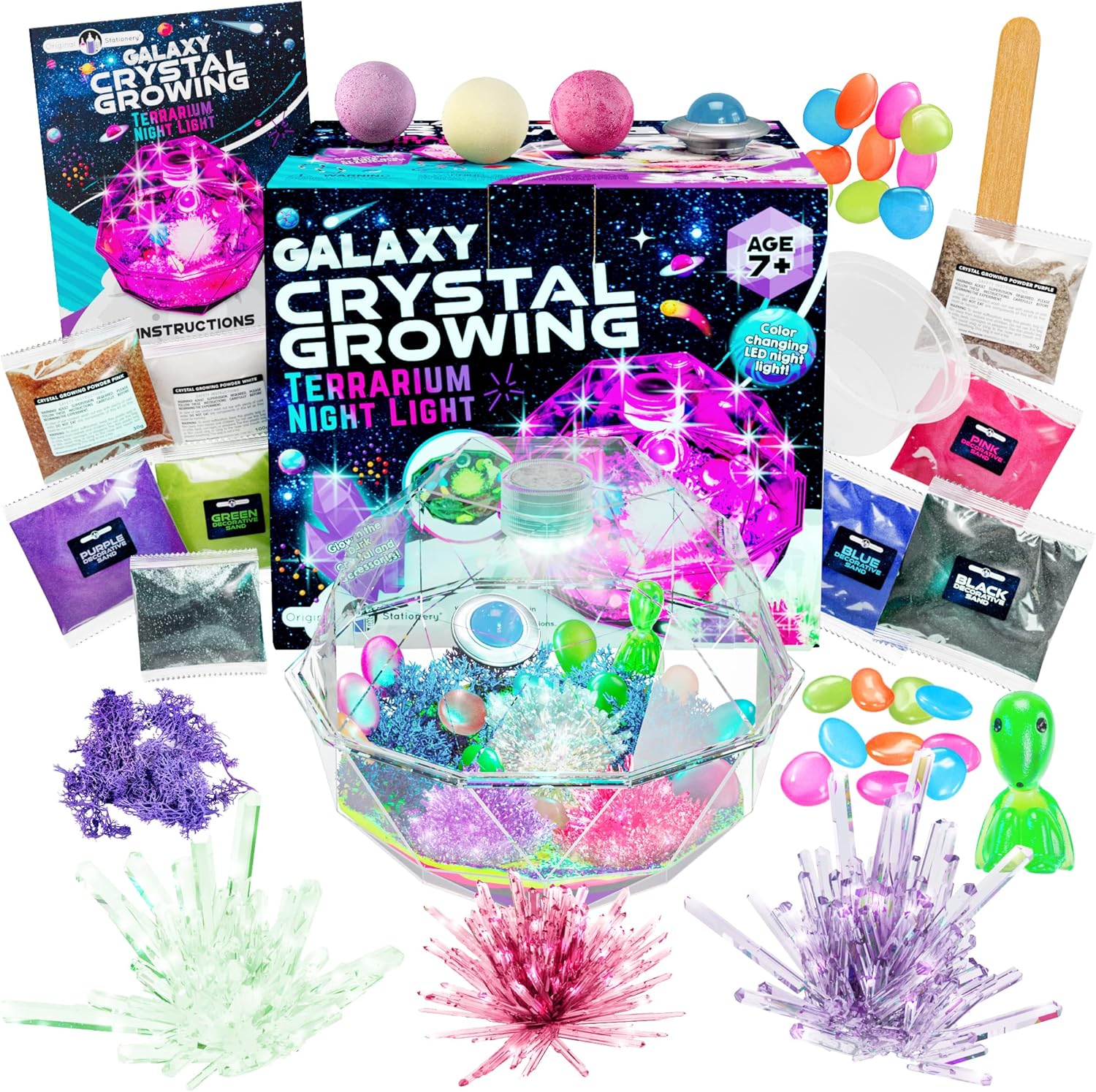 Original Stationery Grow Your Own Crystals Galaxy Terrarium Kit, Grow 3 Crystals for Beginners & Make a Galactic Scene with Aliens and LED Night Light