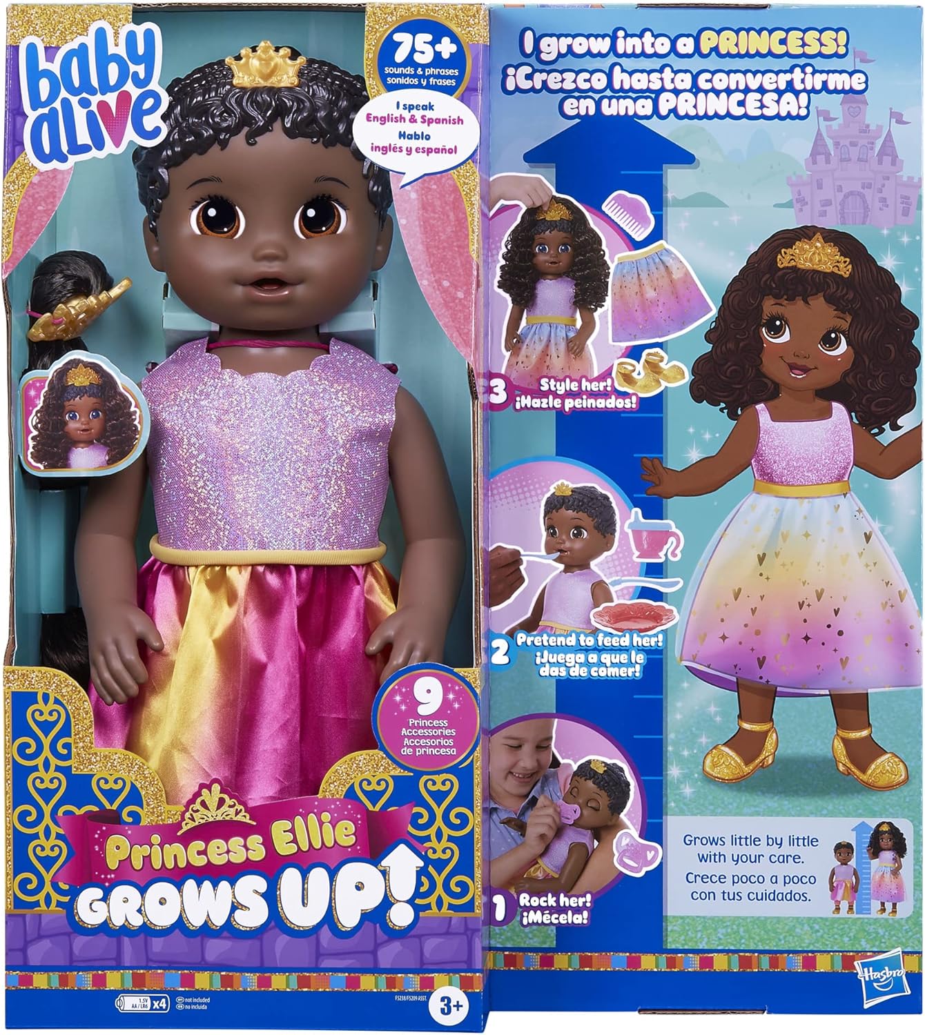 Baby Alive Princess Ellie Grows Up! Black Hair Doll, Interactive Baby Doll with Accessories, Talking Baby Dolls, Toys for 3 Year Old Girls and Boys and Up, 18-Inch