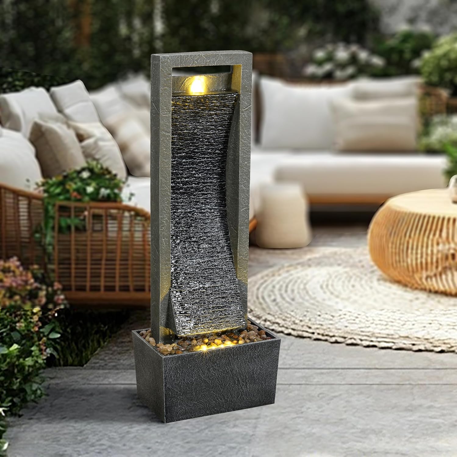 38.6 Inch Tall Indoor Outdoor Water Fountain, Modern Vertical Resin Waterfall with LED Light for Garden, Patio, Yard, Porch & Backyard Decor