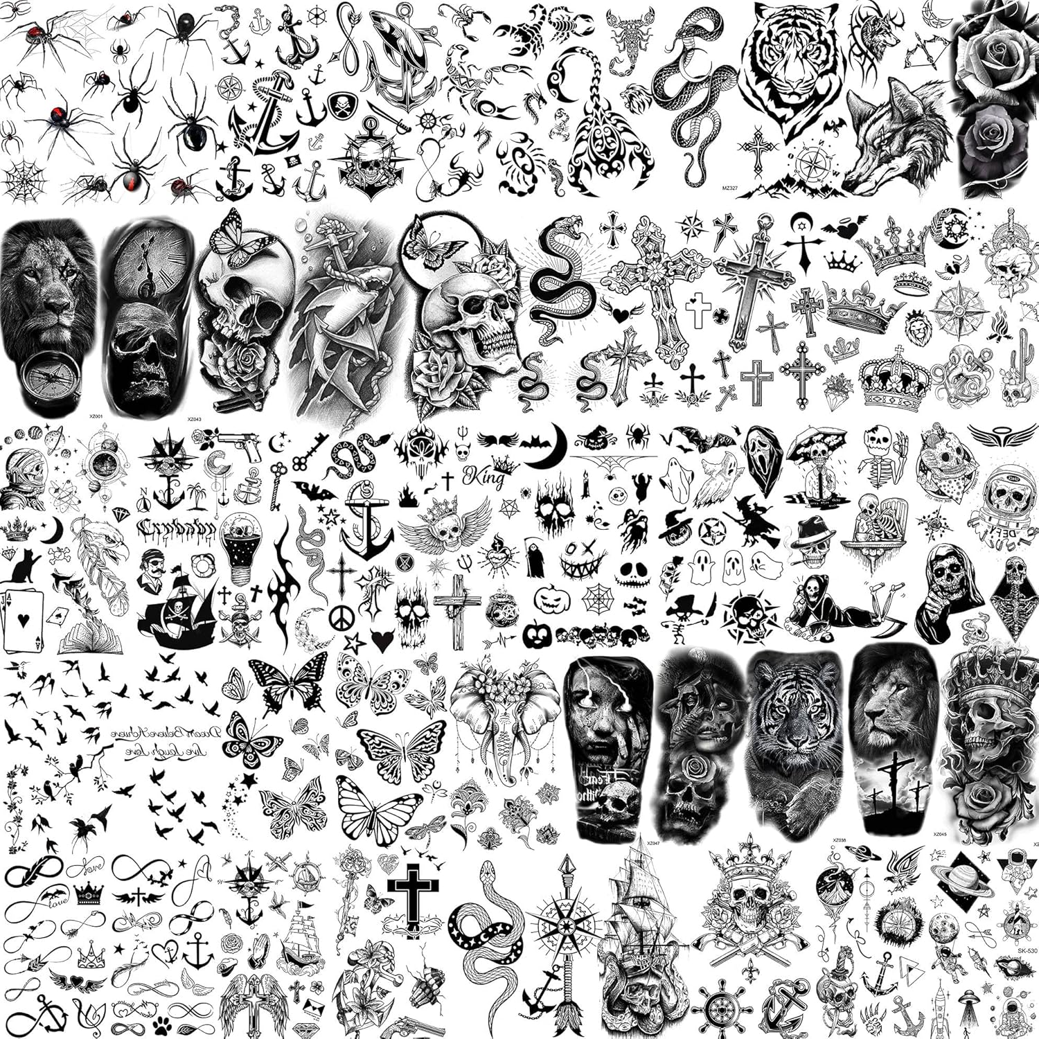 48 Sheets 3D Small Temporary Tattoos For Kids Women Neck Girls Arm Boys, Temp Tiny Halloween Tattoo Stickers Men Spider Cross Scorpion Snake Tiger Lion, Flower Ghost Skull Fake Tatoos Acnhor