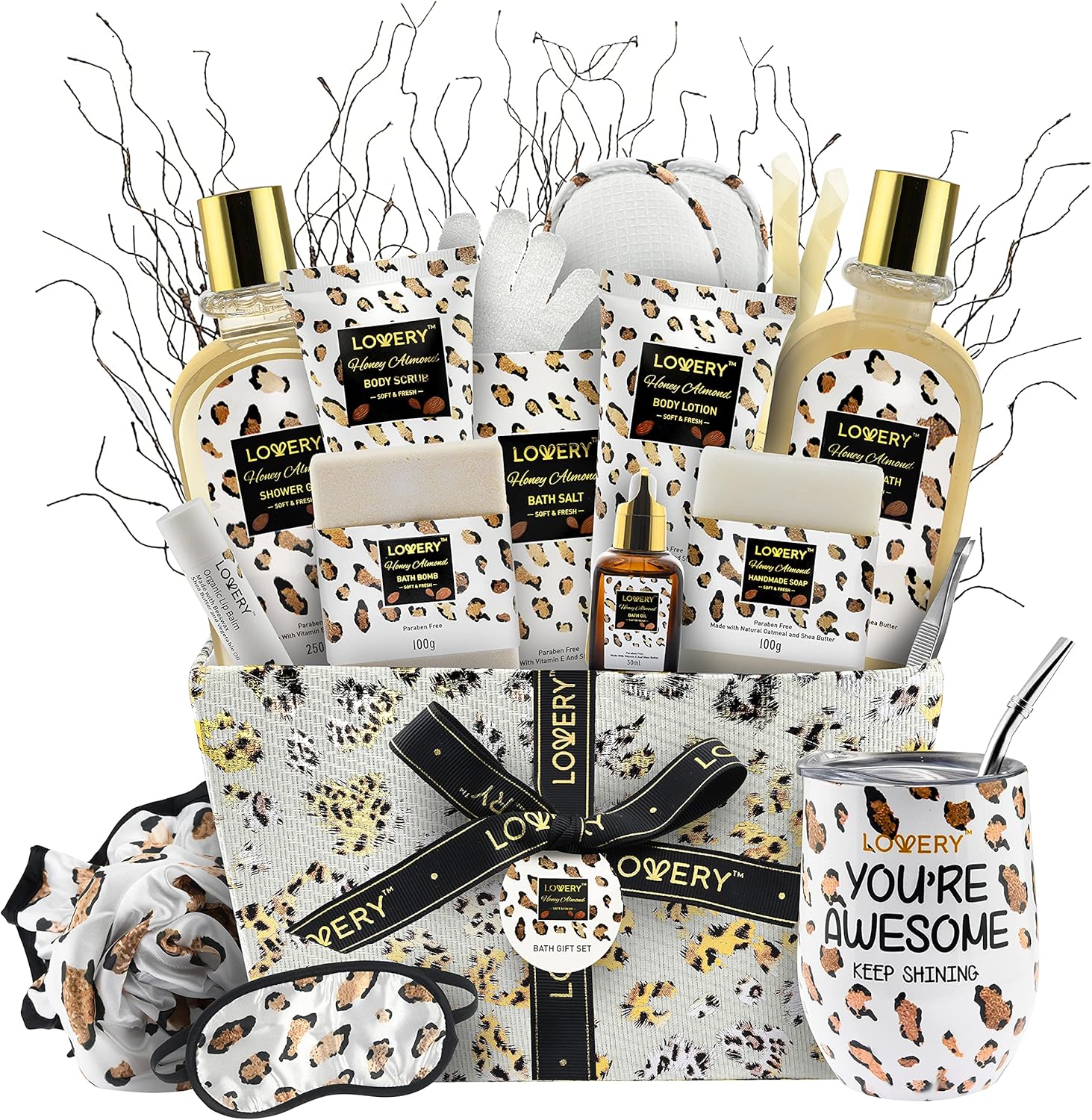 Home Spa Kit in Honey Scent Christmas Gift Basket with Vit E-Rich Bath Essentials for Bath Tumblers Ear Candles Bath Oil Salts Steamer