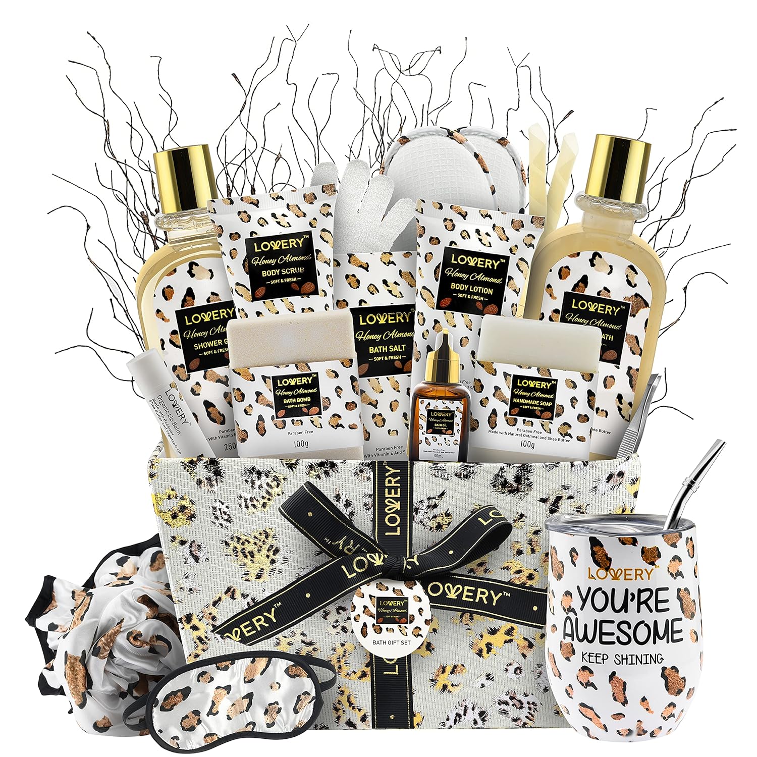 Luxury At-Home Spa Kit with Honey Almond Scent - Bath Gift Basket with Vit E-Rich Bath Essentials, Tumbler, Ear Candles, Bath Oil, Salts, Shower Steamer, Organic Lip Balm & More in Leopard Basket, 21