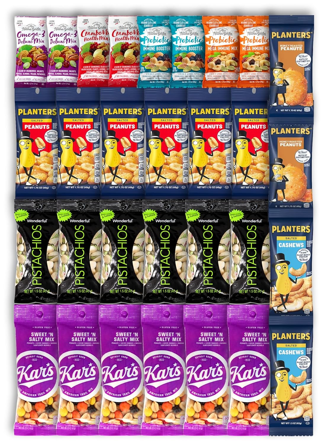 Niro Gift Basket Assortment | Individual Nuts Snack Packs, Trail Mix Individual Packs Bulk - 30 Packs Mix Nuts Kit - Salted Cashews, Roasted & Unsalted Almonds