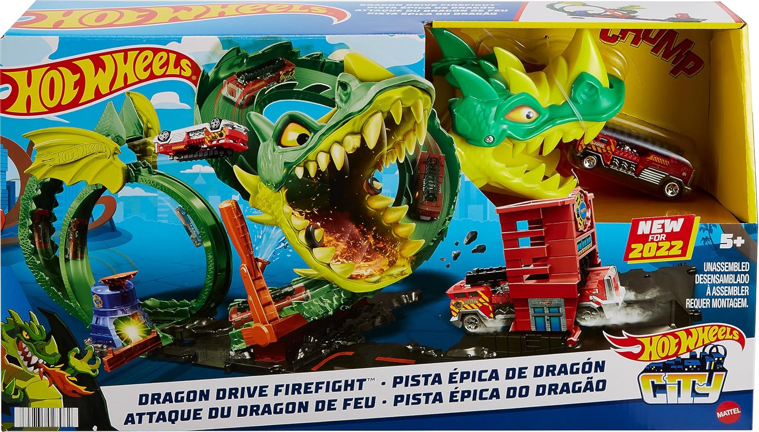 Hot Wheels Track Set with 1:64 Scale Toy Firetruck, City Fire Station with Dragon Nemesis and Track Play, Dragon Drive Firefight, HDP03