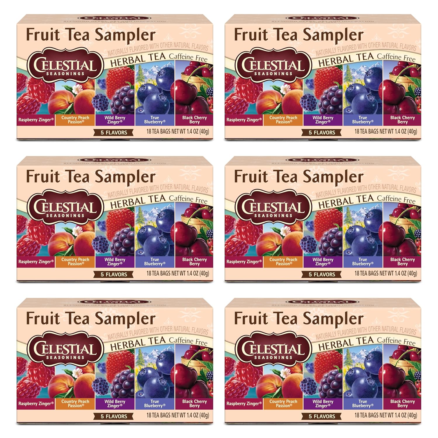 Celestial Seasonings Fruit Tea Sampler Herbal Variety Pack, Caffeine Free, 18 Tea Bags Box, (Pack of 6)