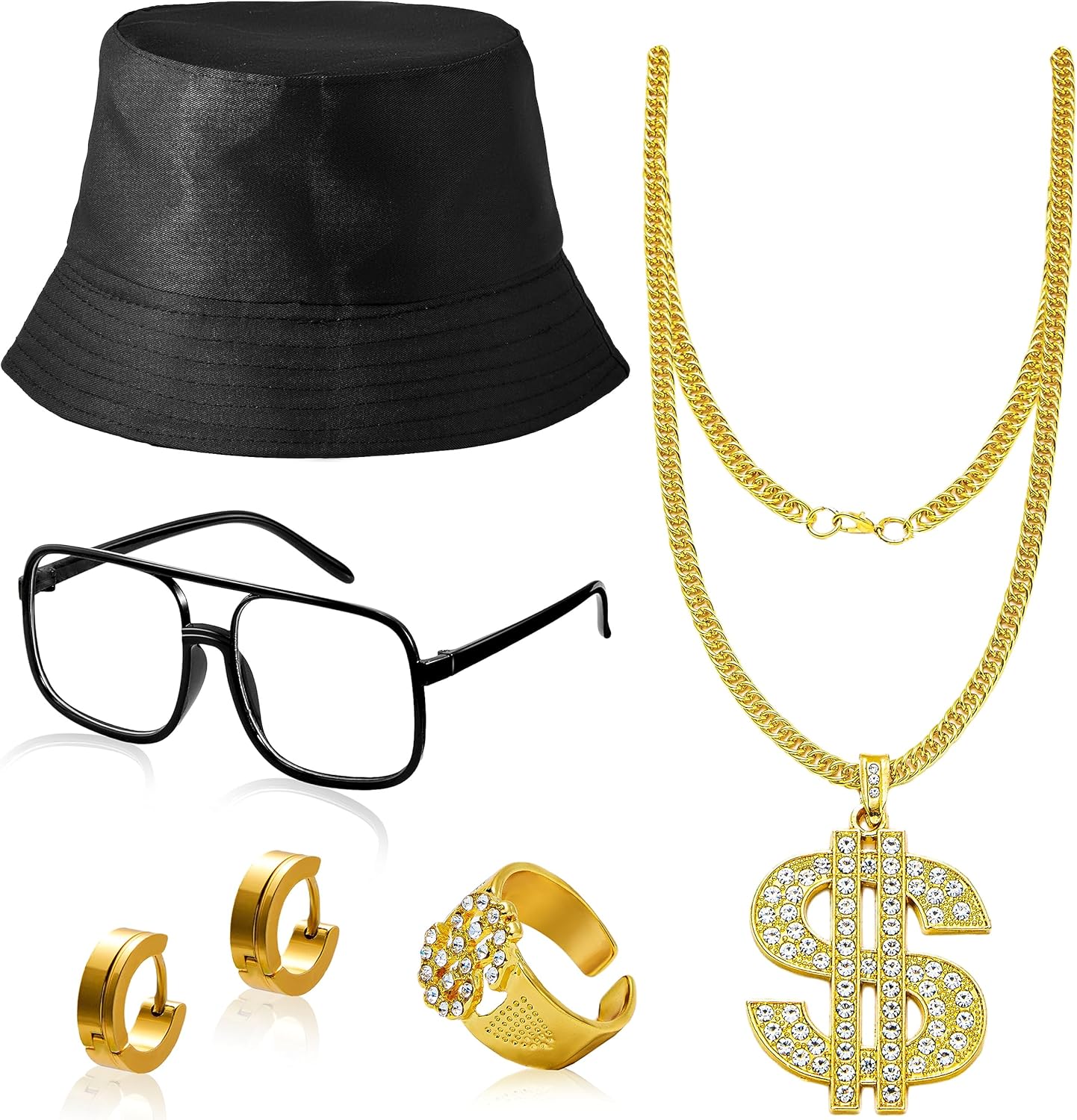 Spooktacular Creations 5 Pcs Hip Hop Costume Set, 80s/90s Rapper Accessories, Hat, Sunglasses, Dollar Necklace, Ring and Earrings for Men Women Halloween Party, Hip Hop Fancy Dress Outfits