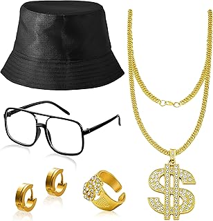 Spooktacular Creations 5 Pcs Hip Hop Costume Set, 80s/90s Rapper Accessories, Hat, Sunglasses, Dollar Necklace, Ring and Earrings for Men Women Halloween Party, Hip Hop Fancy Dress Outfits