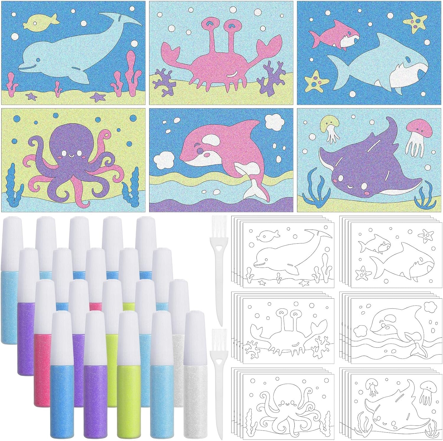 30 Sets Ocean Animal Sand Art Kits for Kids DIY Craft Sand Painting Colored Art Painting Cards Set for Children DIY Arts Ocean Theme Educational and Learning Activities