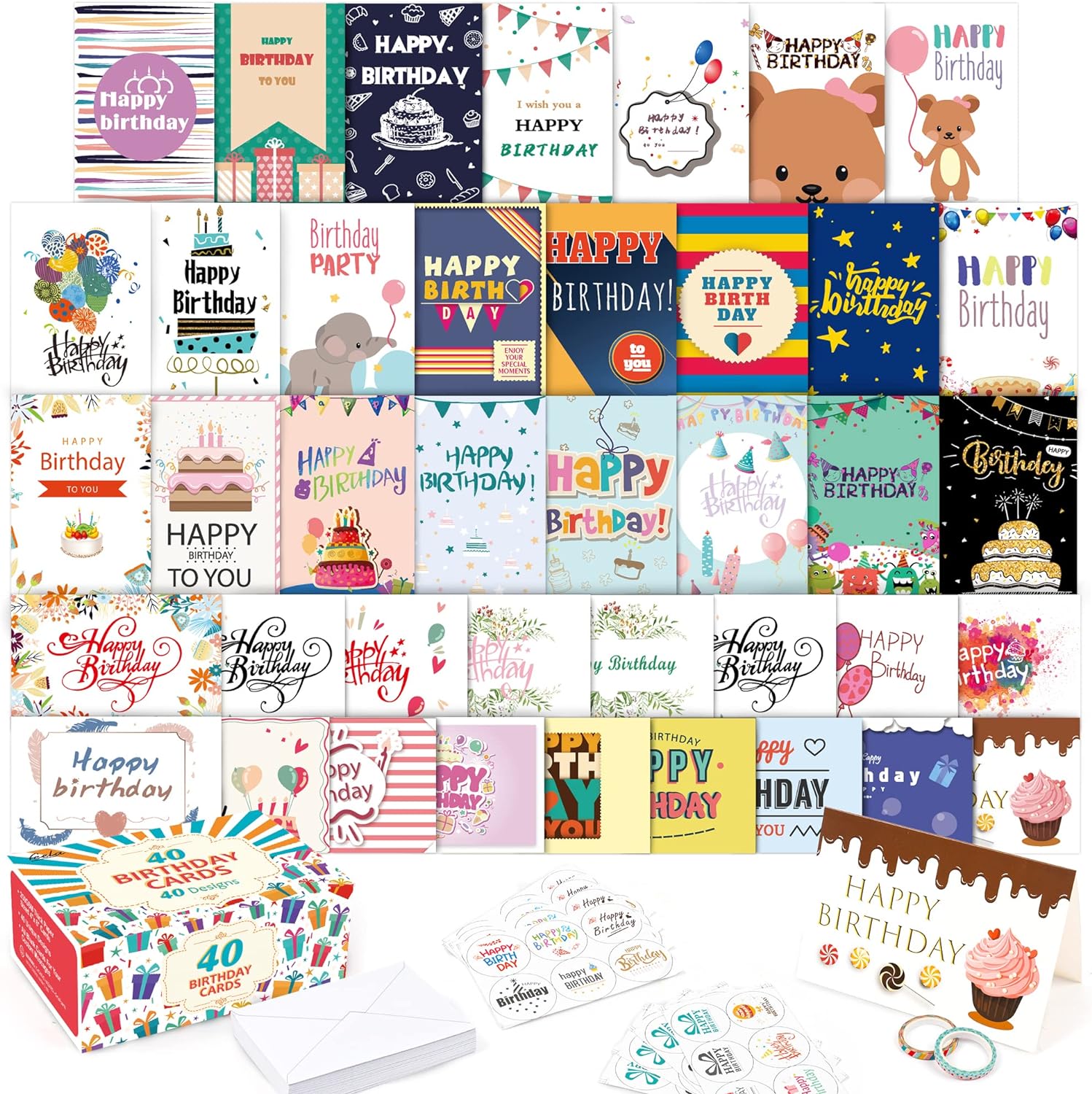 feela 40 Happy Birthday Cards Pack, 40 Designs Birthday Cards Multipack and 40 Blank Envelopes, 48 Pieces of Stickers 2 Washi Tapes, 10X15cm Blank Greeting Cards for Women, Men, Friends and Kids