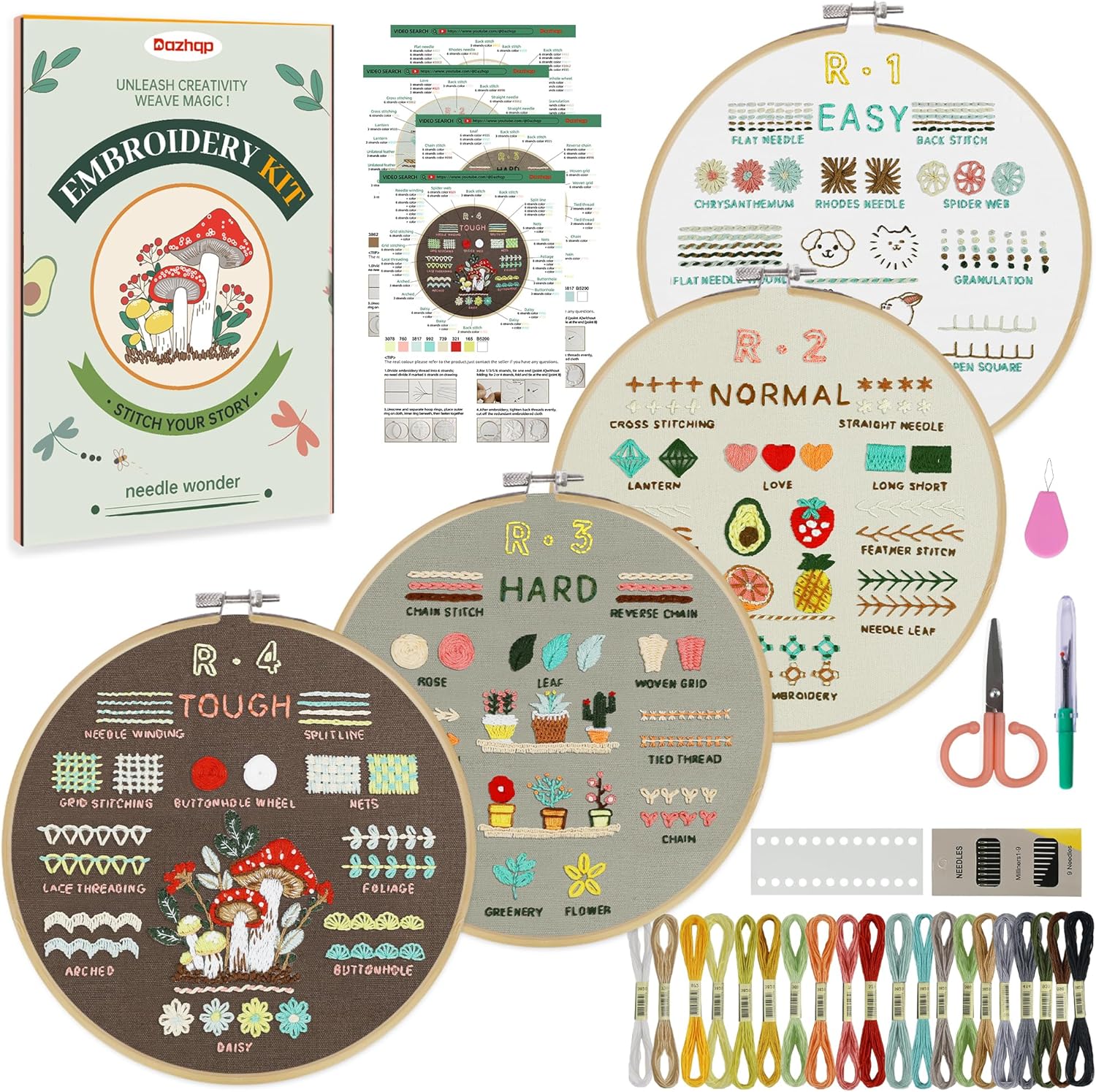 Dazhqp Embroidery Kit for Adult Beginners, 4-Pack Embroidery Starter Kit Including 38 Stitches Learning Step-by-Step Guide and Video, Pre-Patterns, Threads, Needles and Hoop, Craft Kits for Adults