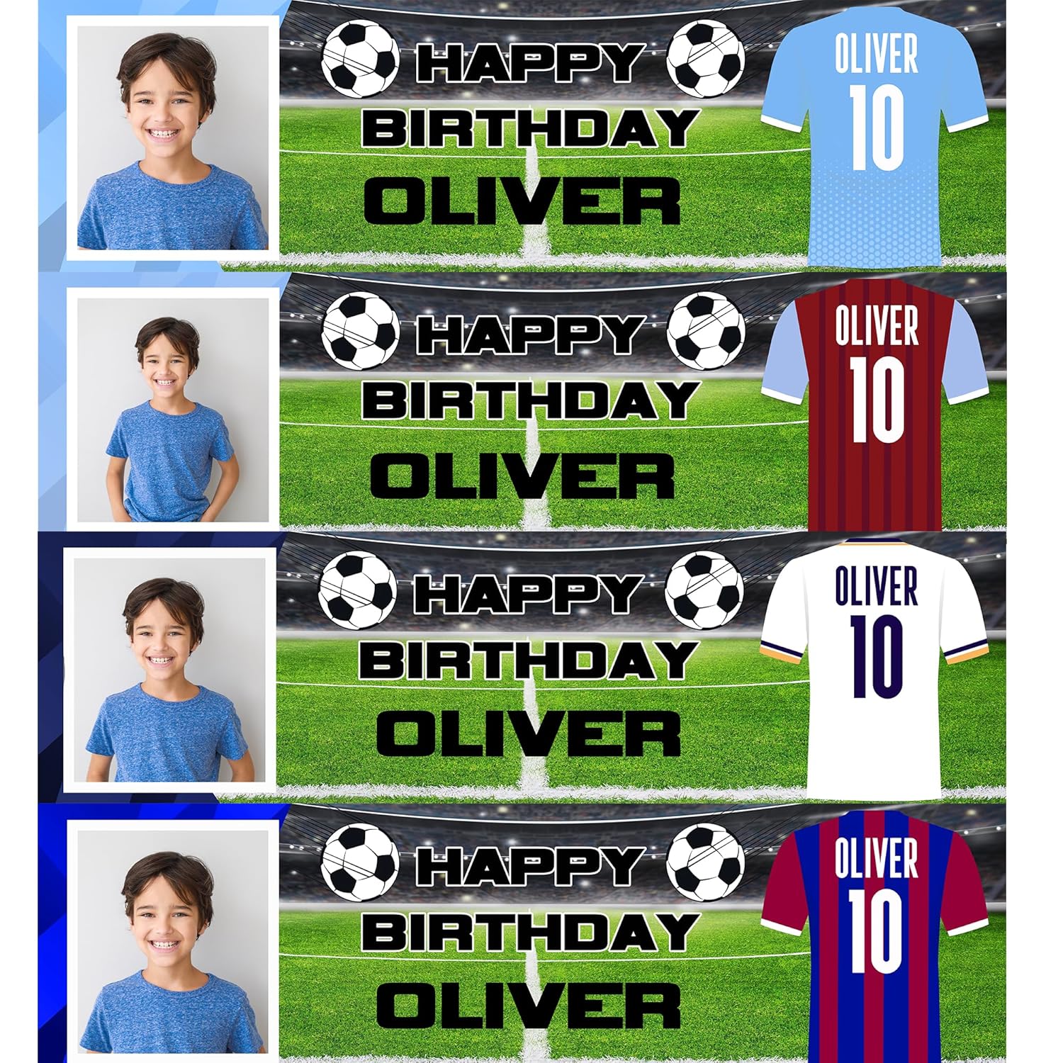 Personalised Football Birthday Banner with Picture 140 x 35 cm Custom Party Decoration for Girls and Boys - Football themed party sign for kids - Light Blue