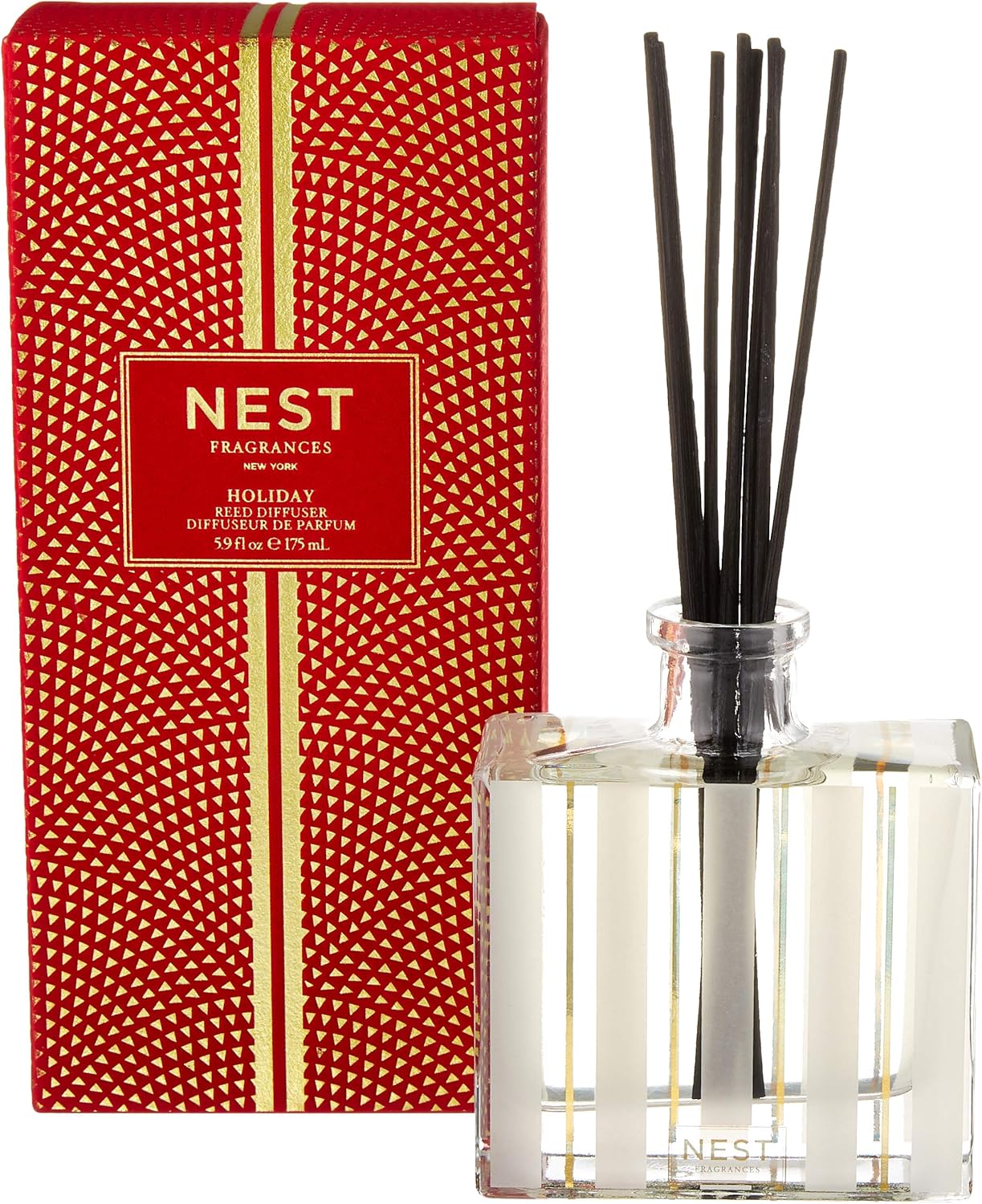 NEST New York Reed Diffuser, Holiday - 5.9 fl oz - Fragrance for Up to 90 Days - Reusable, Refillable Glass Holder - Includes 8 All-Natural Reed Sticks - Flame Free