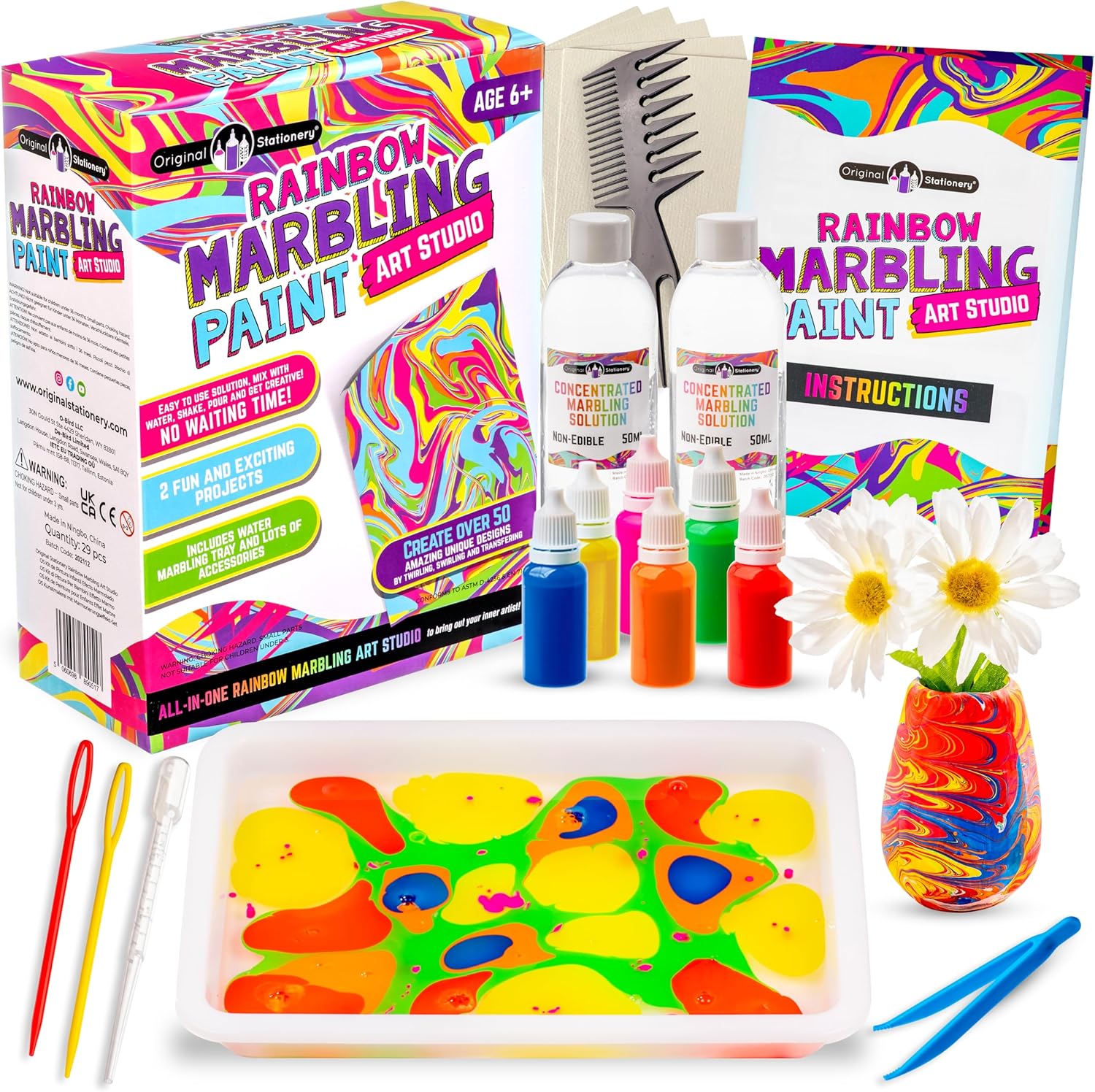 Original Stationery Rainbow Marbling Paint Art Kit, Art Set for Kids 6-12 to Make Marbling Ink Art, Great Craft Kits for Kids and Fun Kids Arts and Crafts Sets for Girls