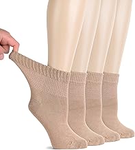 Hugh Ugoli Diabetic Socks for Women, Super Soft, Thin Bamboo Ankle Socks, Wide, Loose, Non-Binding Top, Seamless Toe, 4 Pairs