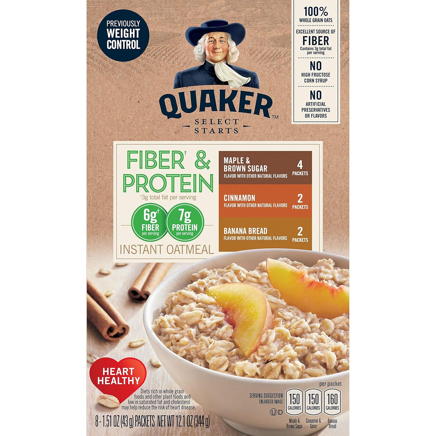 Quaker Instant Oatmeal, Fiber & Protein 3 Flavor Variety Pack, Individual Packets, 8 Count (Pack of 4)