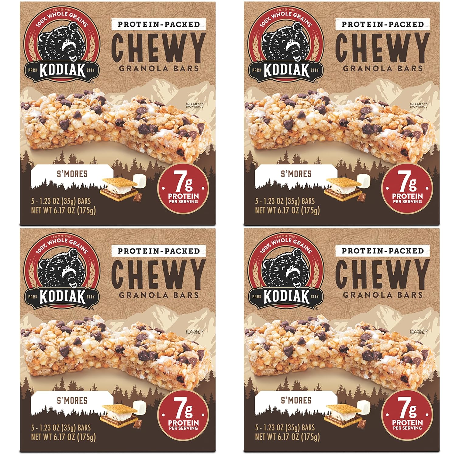 Kodiak Cakes Protein Chewy Granola Bar, S'mores, (Pack of 4 Boxes)