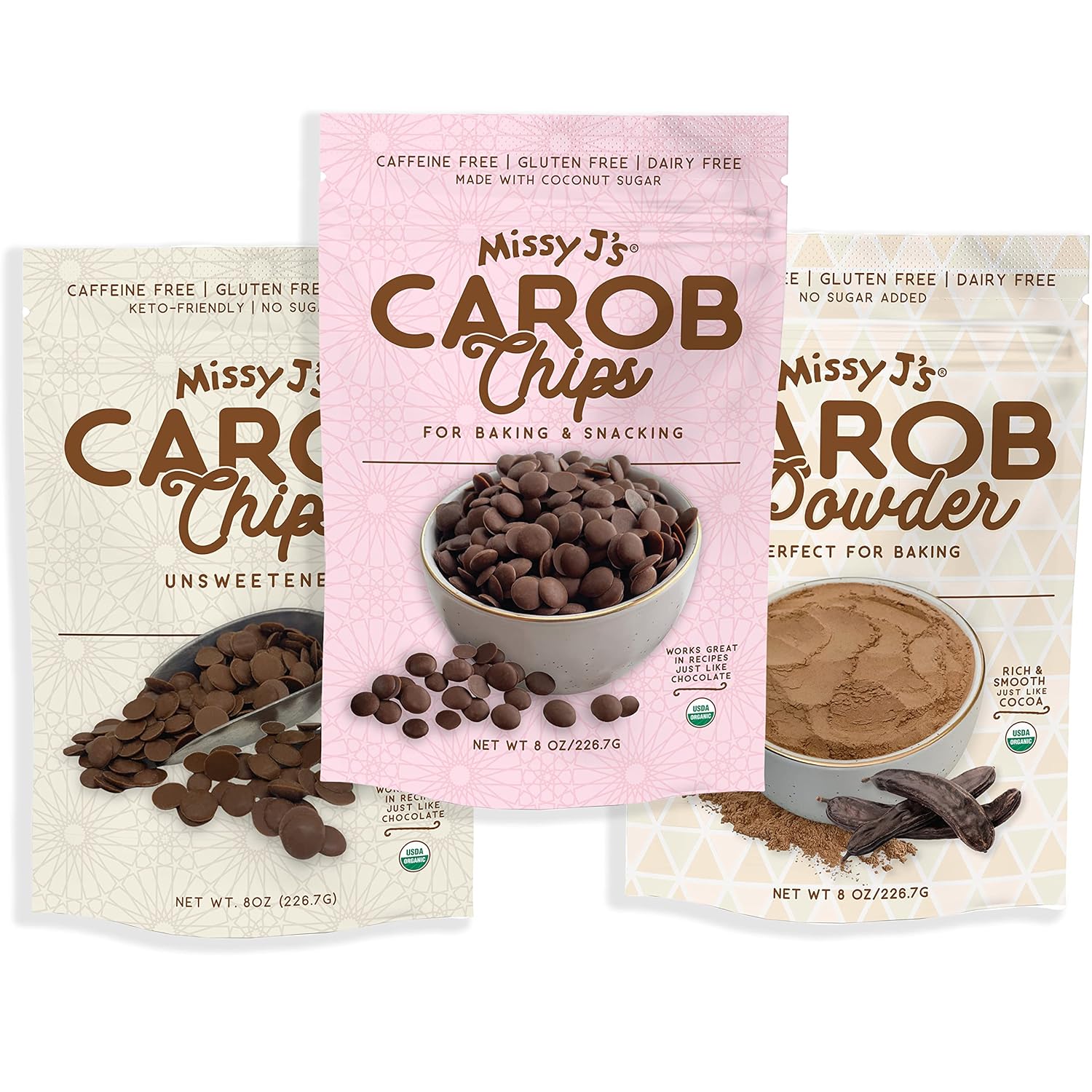 Missy J's Organic Carob Baking Essentials Sampler 3 Pack, Made with Coconut Sugar Vegan, Gluten and Caffeine Free Healthy Substitute for Chocolate, Perfect for Snacks and Treats