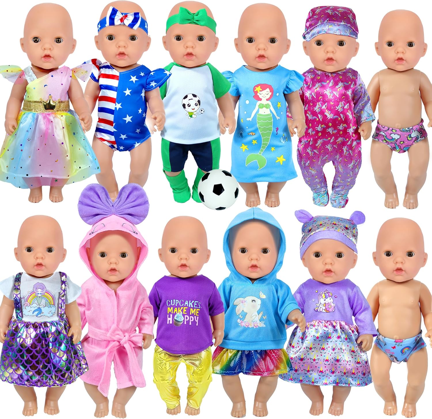 12 Sets 14-16-Inch Baby Doll Clothes Outfits, Dress, Headbands, Accessories Compatible With 43cm New Born Baby, 15-inch and 18-Inch Dolls