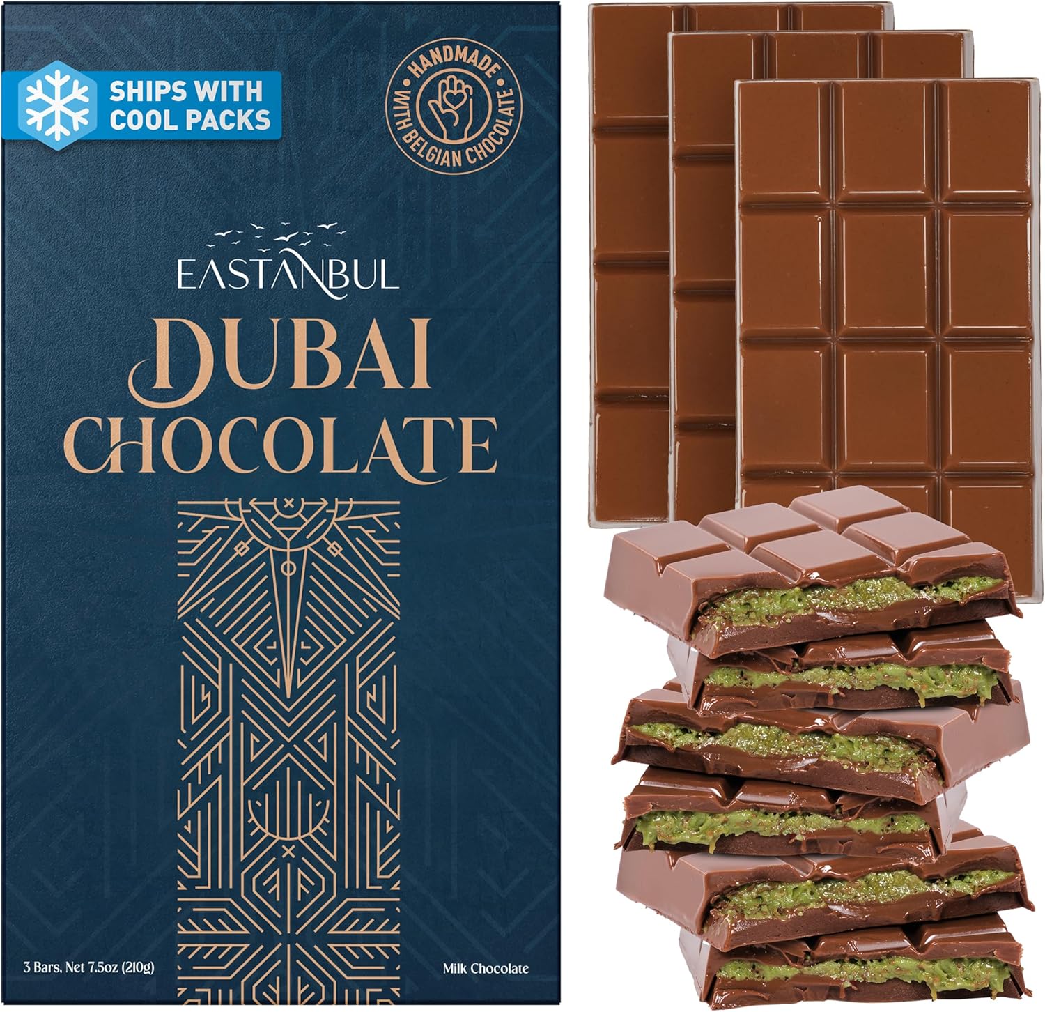 Eastanbul Dubai Chocolate Bar Pistachio, 3 Pieces x Each 70g, Premium Pistachio Dubai Chocolate Bar with Shredded Phyllo Dough, Knafeh, Viral Candy, Gift Box