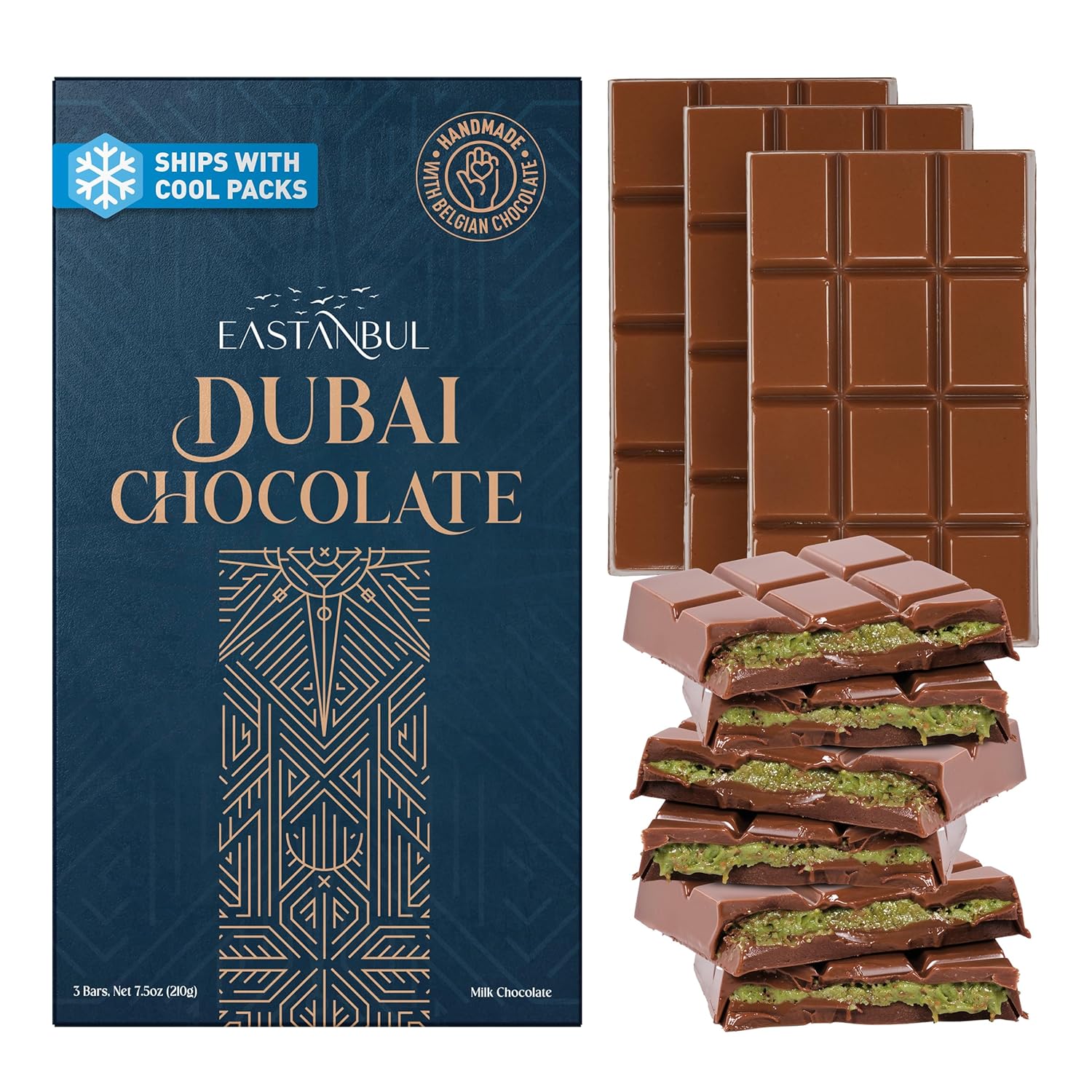 Eastanbul Dubai Chocolate Bar Pistachio, 7.5oz, Premium Pistachio Dubai Chocolate Bar, Dubai Chocolate with Shredded Phyllo Dough, Dubai Knafeh Pistachio Chocolate Bar, Viral Dubai Chocolate Bar