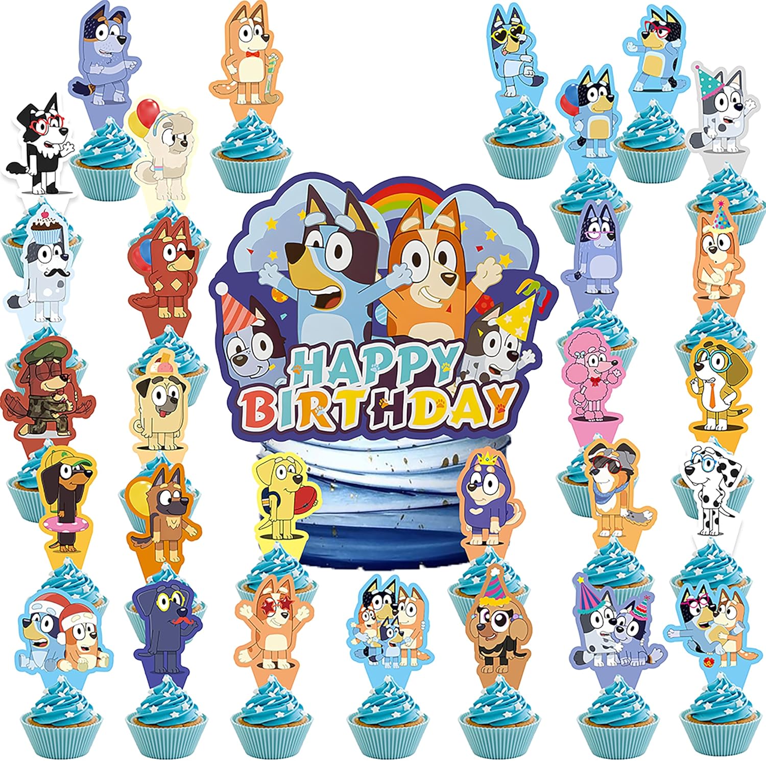 30 Pcs Blue Dog Cake Toppers for Boys Girls, Cake Decorations Cupcake Toppers, Birthday Party Supplies