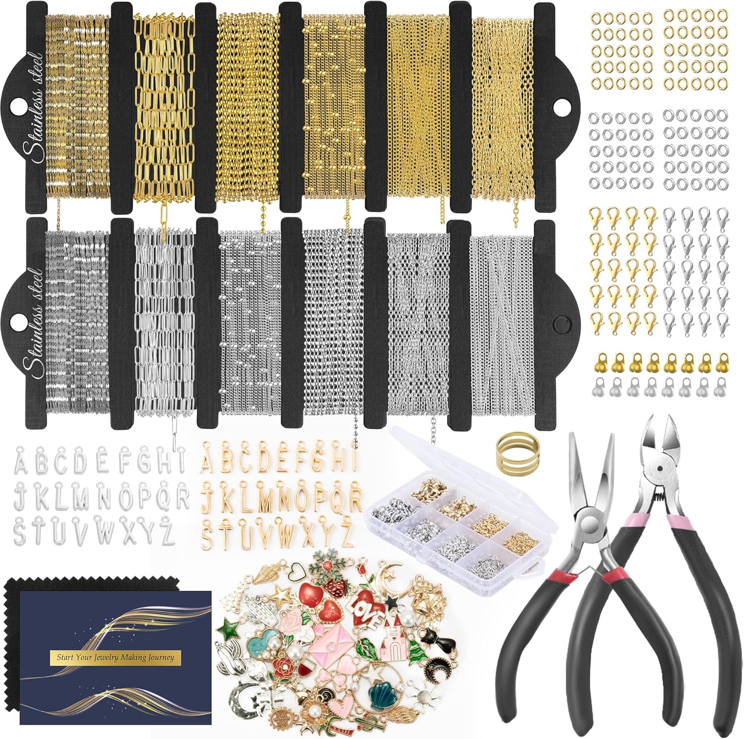 HUISUYTON 18K Gold Necklace Chain Kit for Jewelry Making, 59FT 12Rolls Bracelet Chains with Charms/Pliers/Jump Rings/Lobster Clasps Accessories for DIY Necklace Bracelet Making